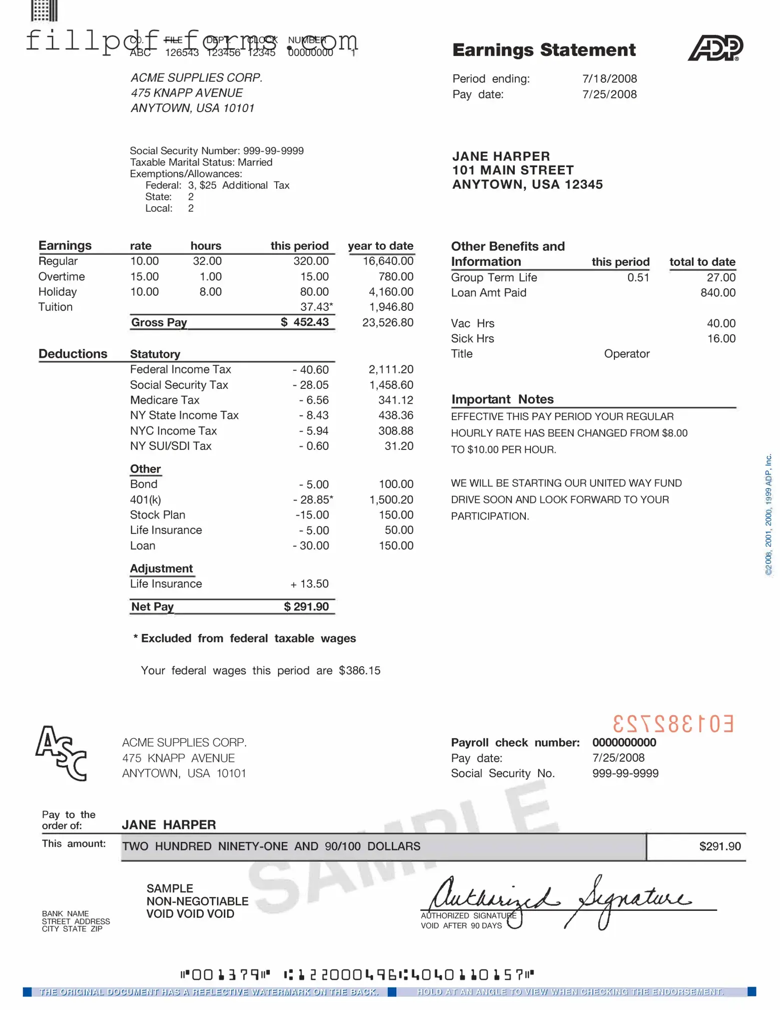 Adp Pay Stub PDF Form
