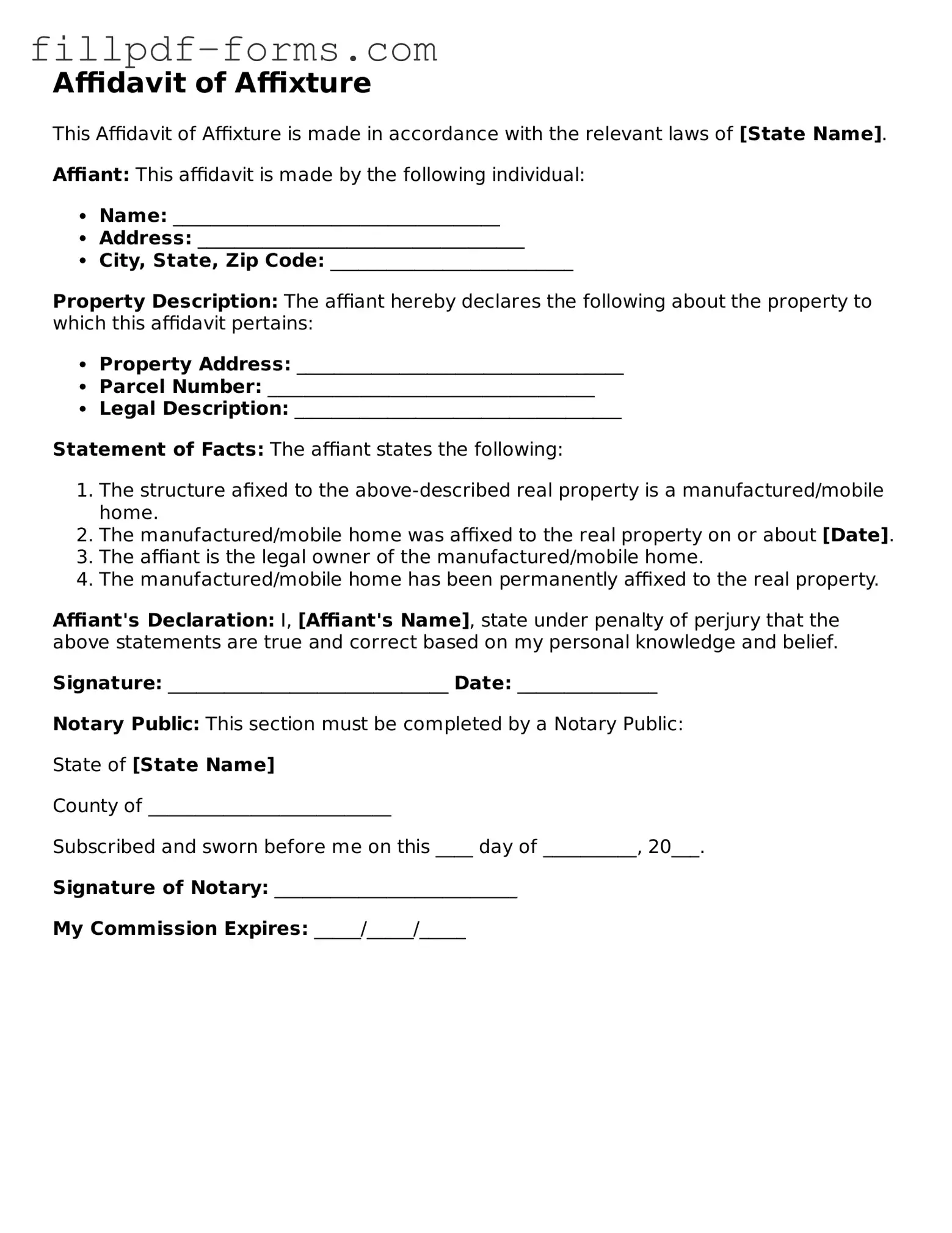 Fillable Affidavit of Affixture Template