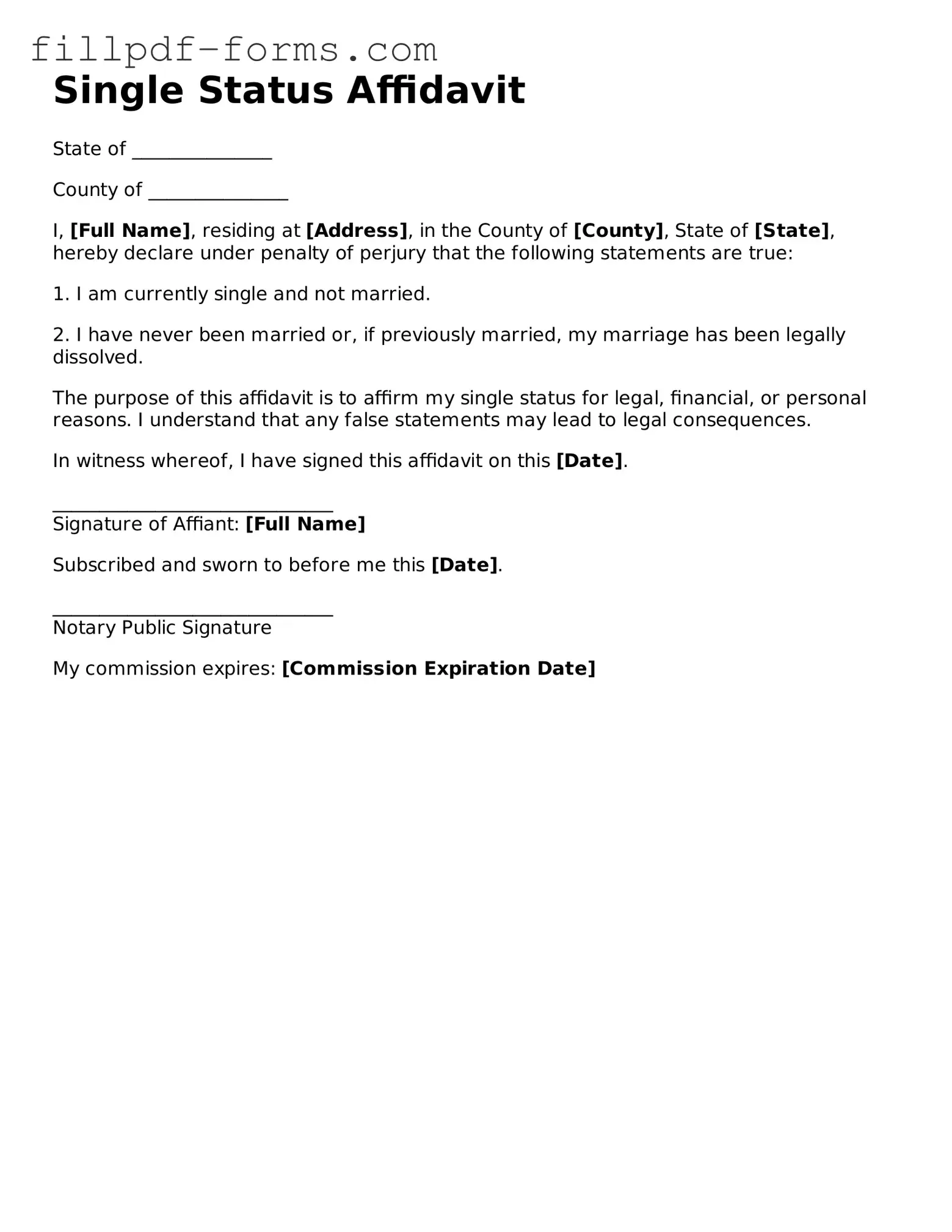 Fillable Single Status Affidavit Template