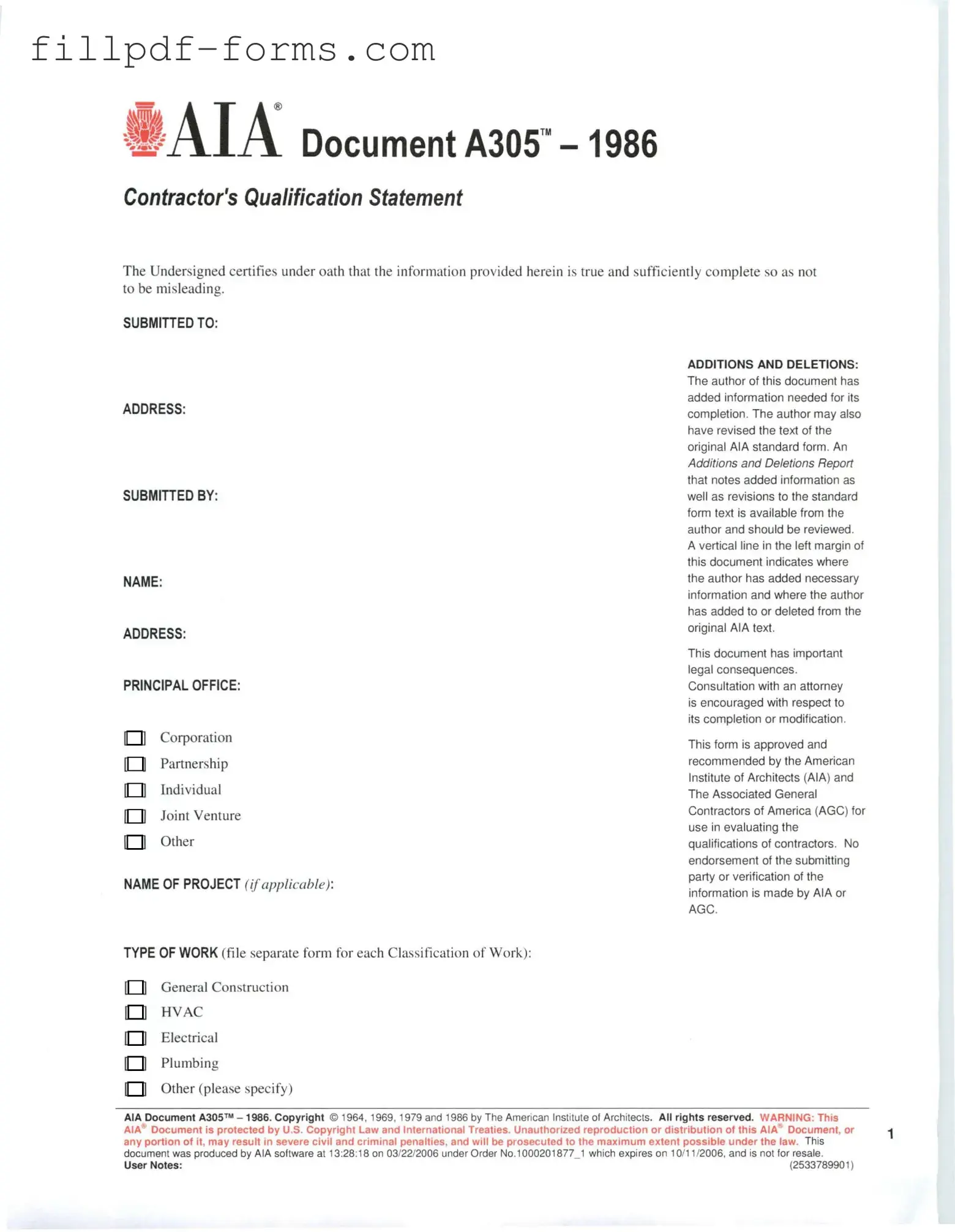 AIA A305 PDF Form