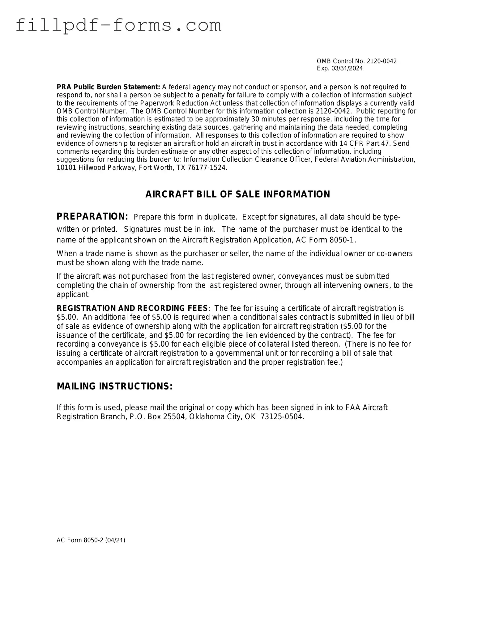 Aircraft Bill of Sale AC 8050-2 PDF Form
