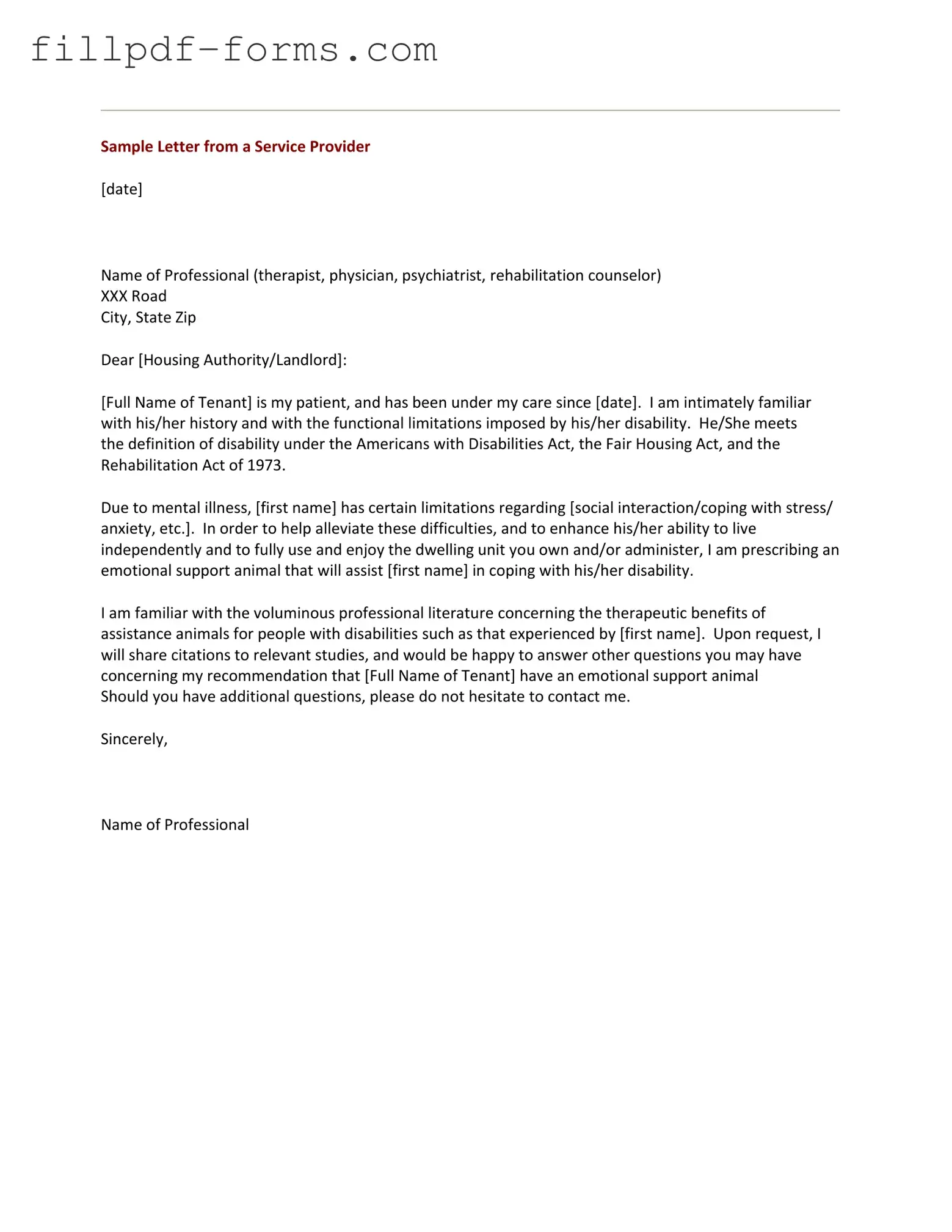 Emotional Support Animal Letter PDF Form