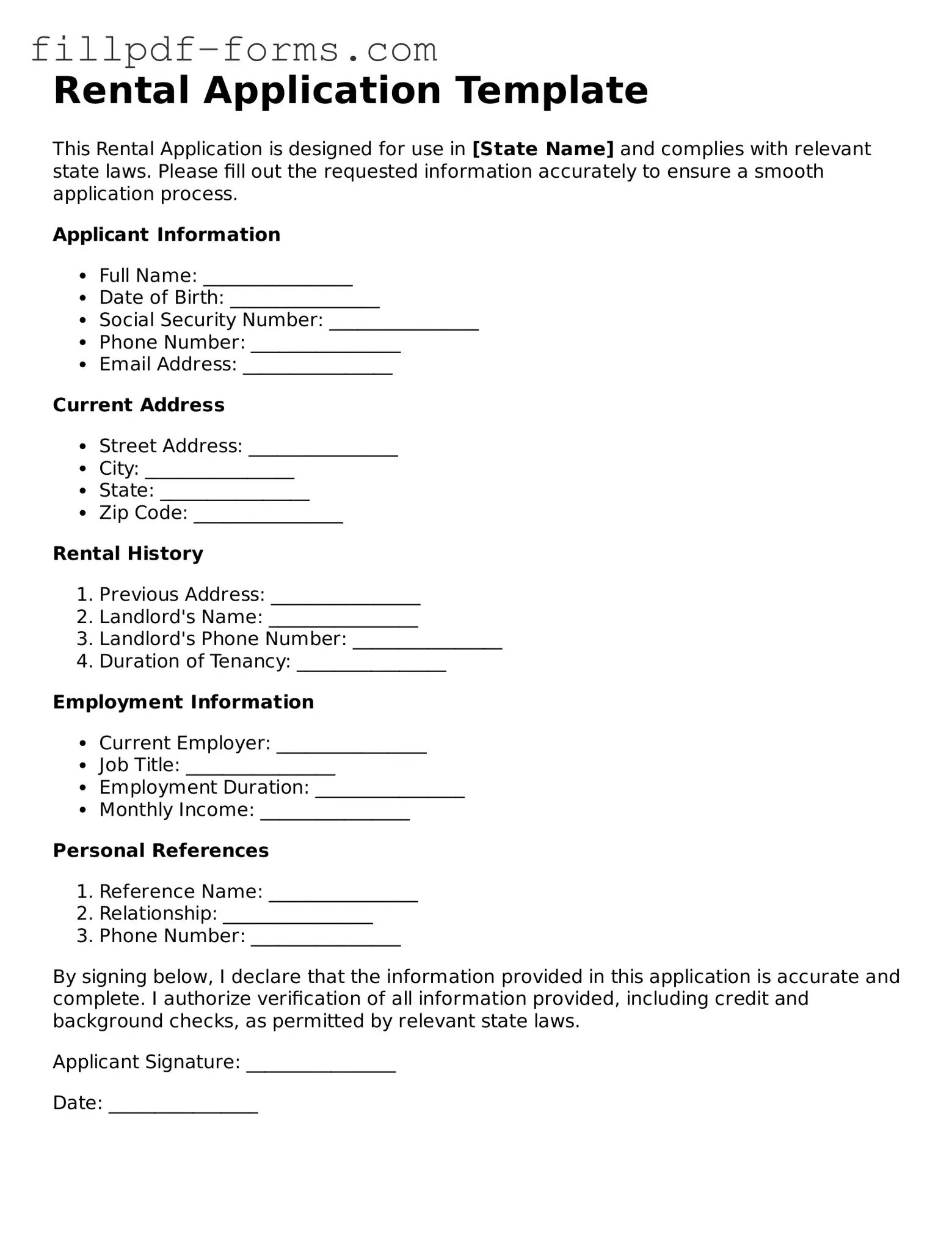 Fillable Rental Application Template