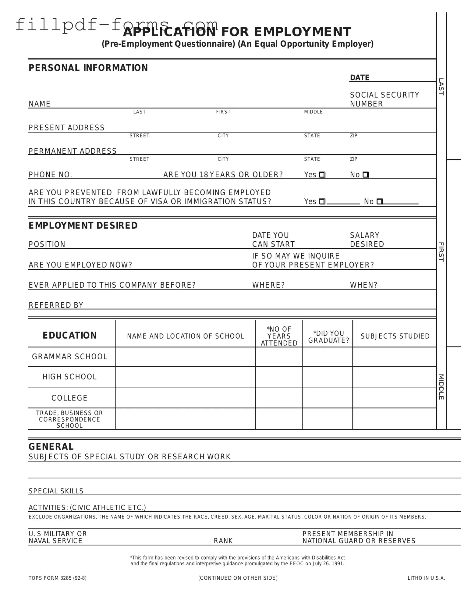 Employment Application Pdf PDF Form