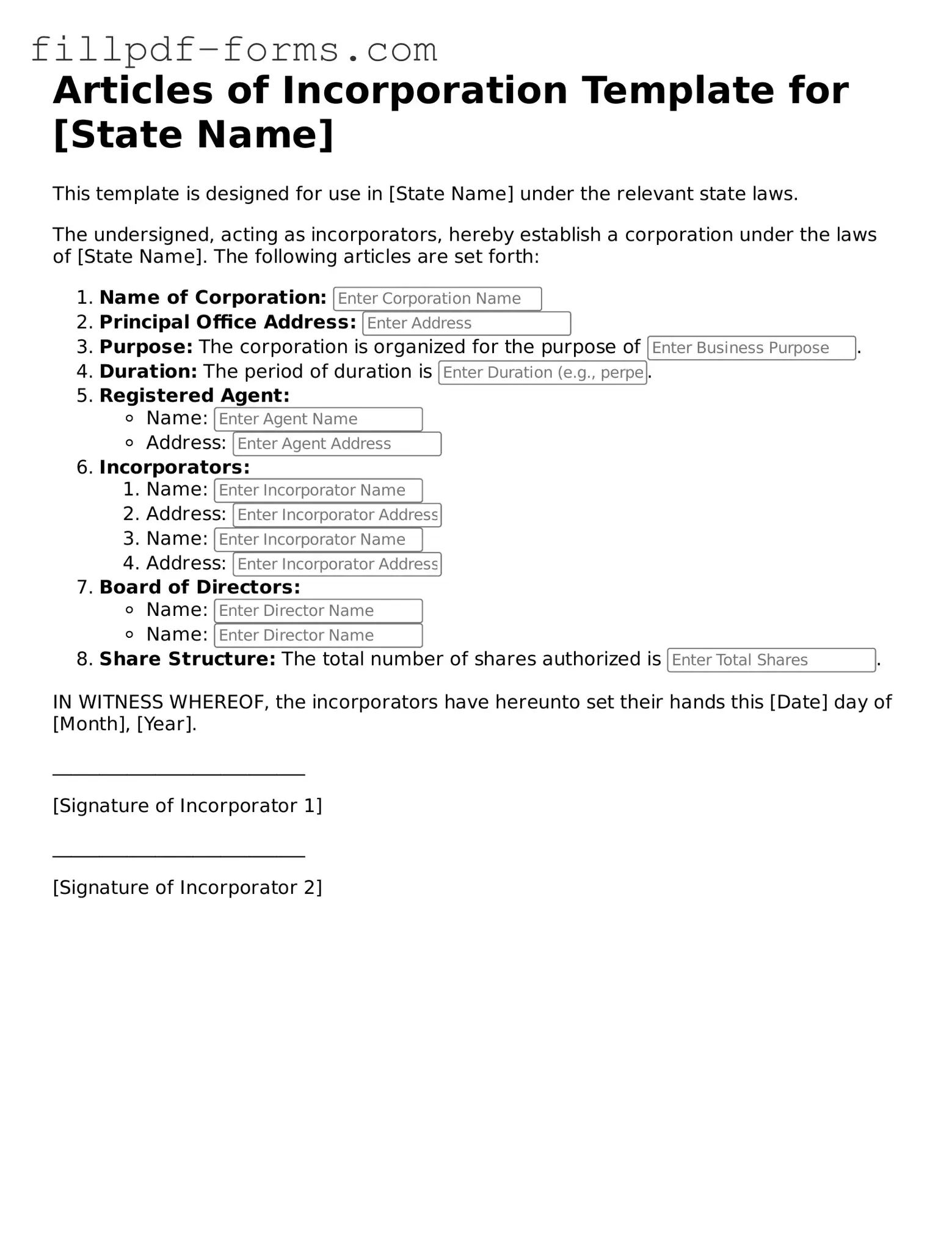 Fillable Articles of Incorporation Template