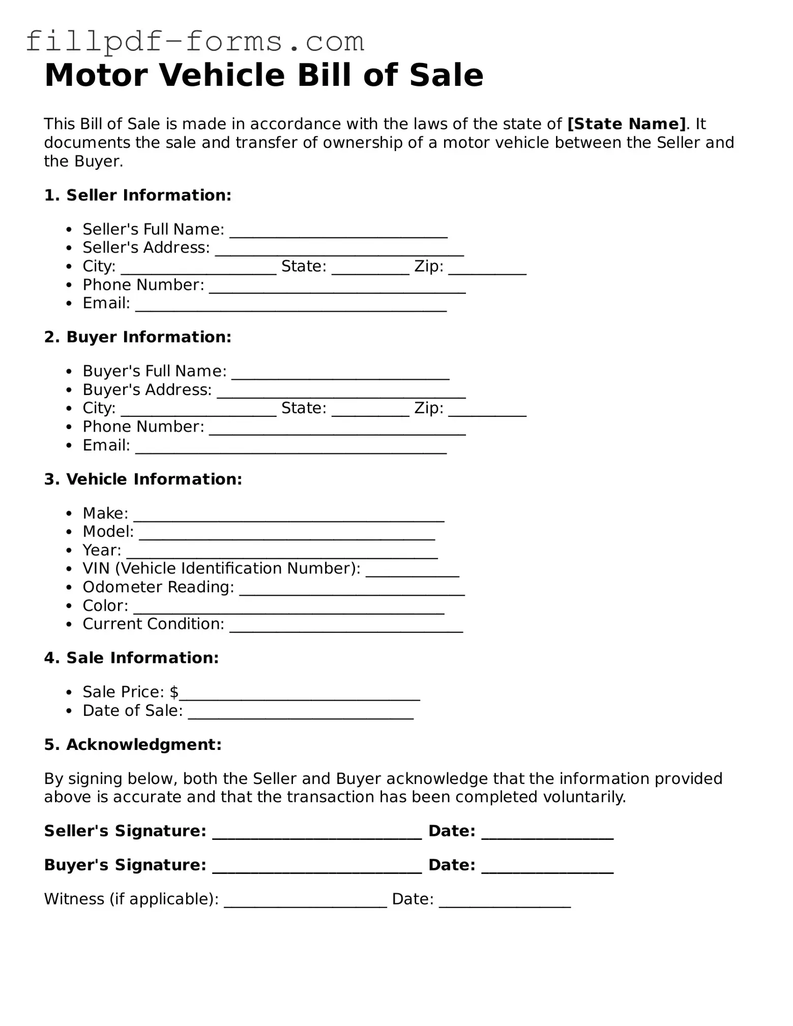 Fillable Motor Vehicle Bill of Sale Template