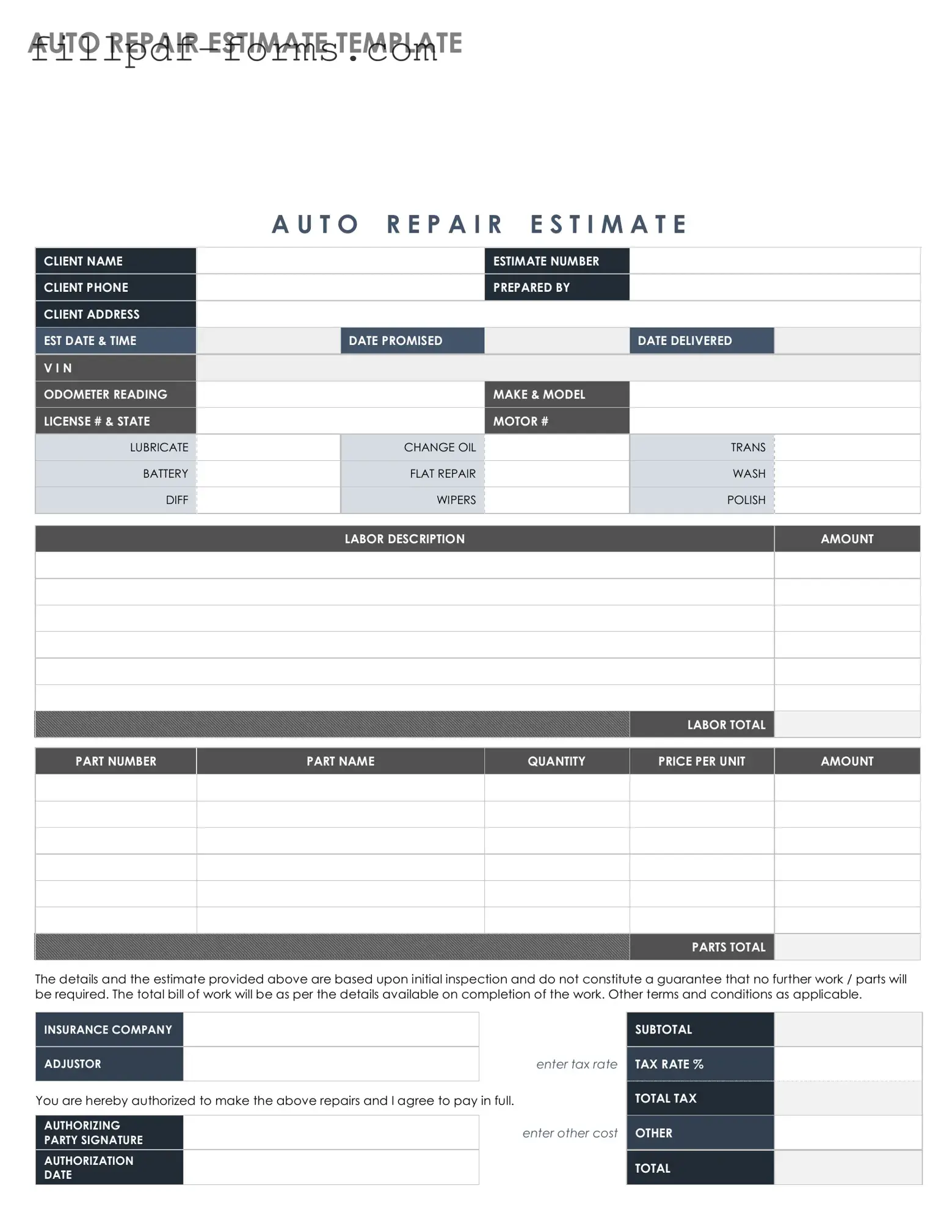 Auto Repair Estimate PDF Form