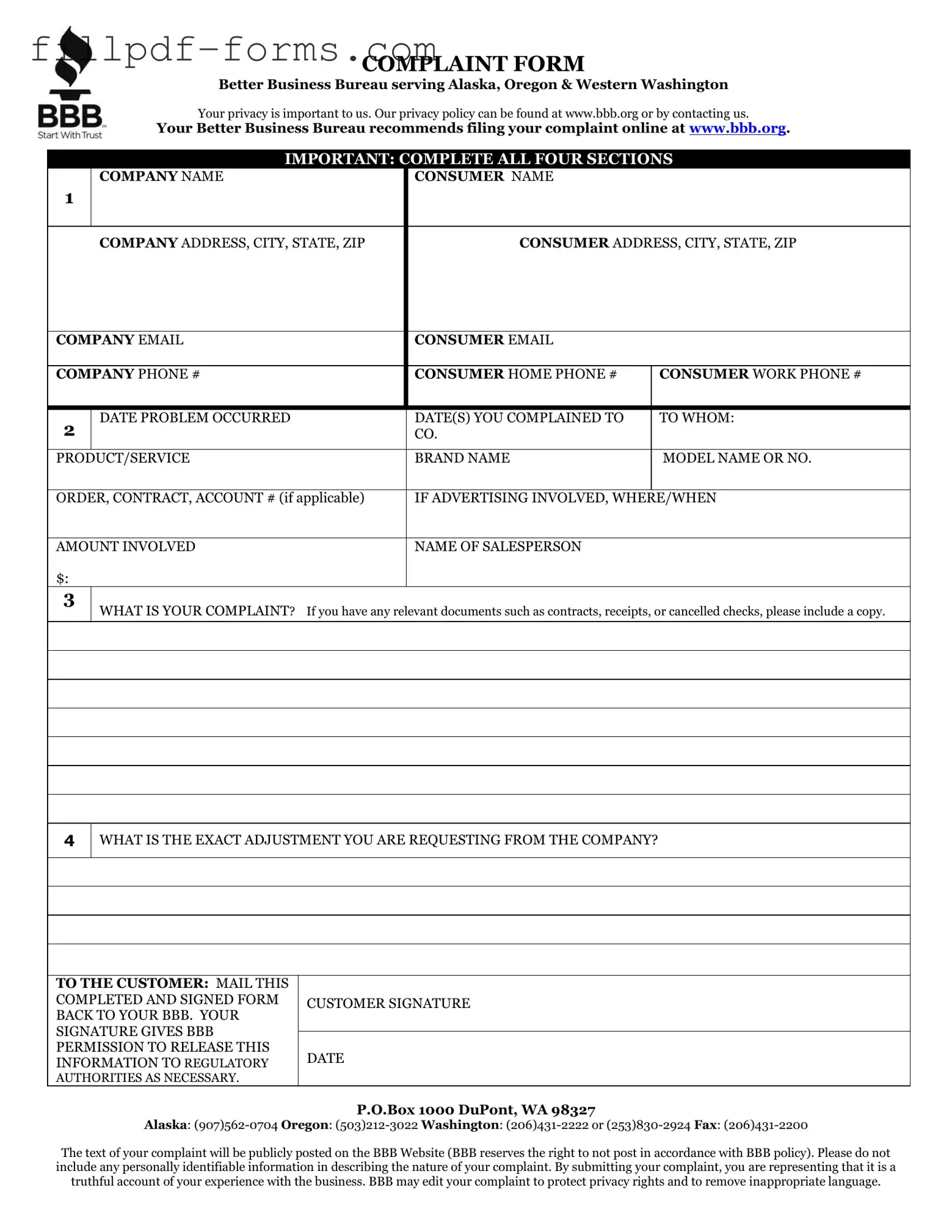 Bbb Complaint PDF Form