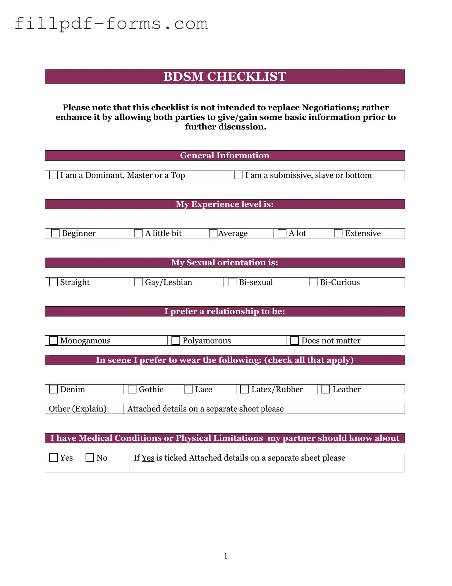 Bdsm Checklist PDF Form