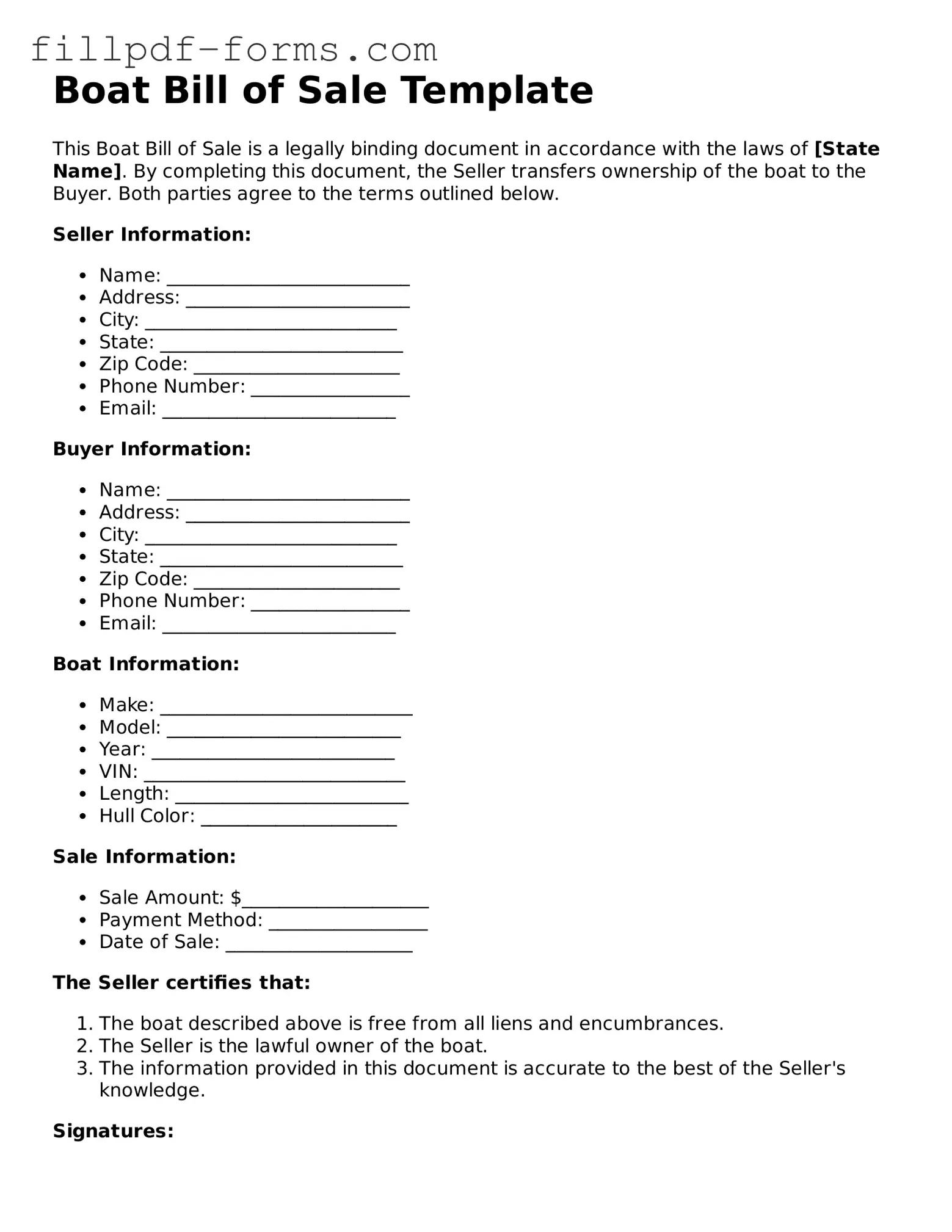 Fillable Boat Bill of Sale Template