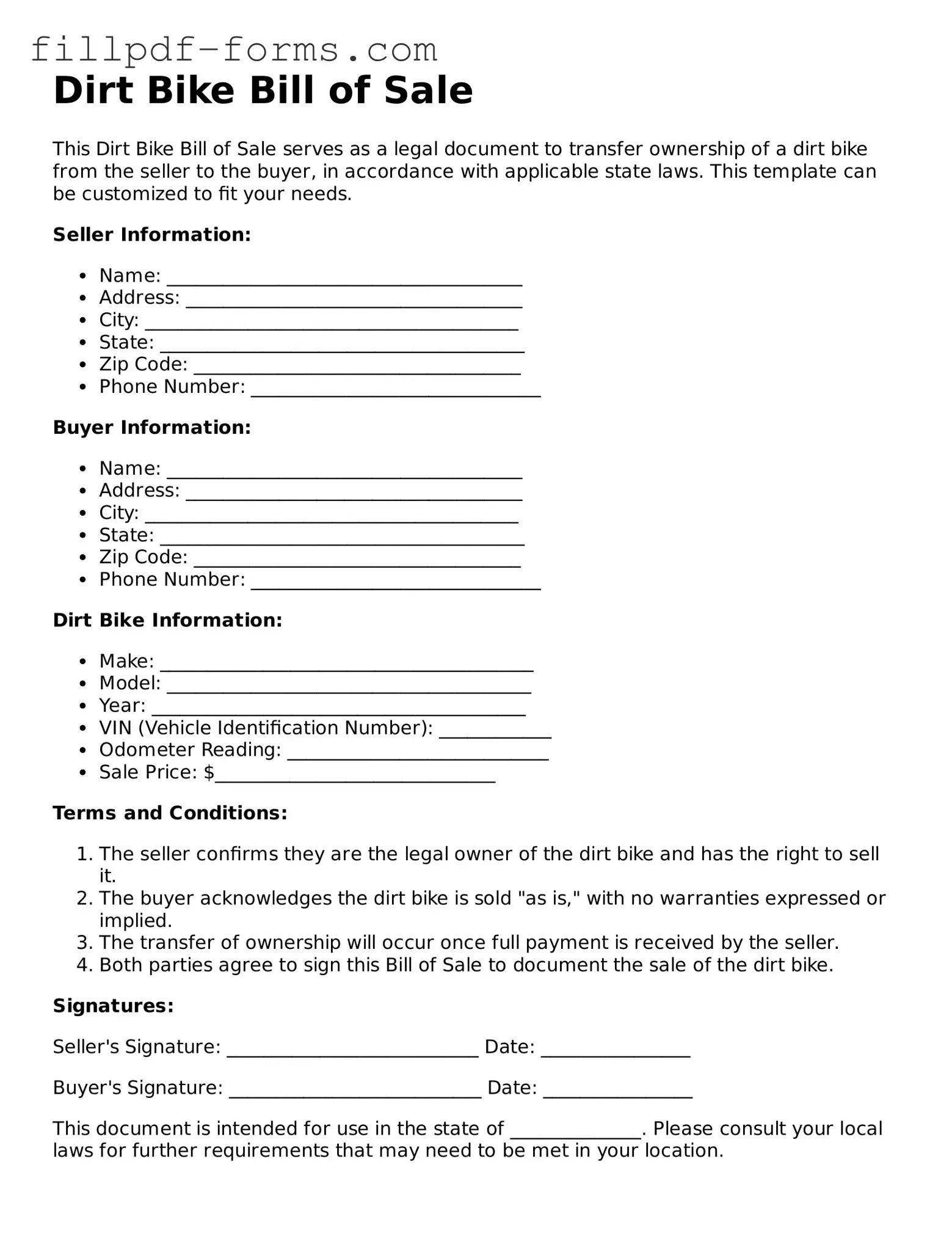 Fillable Dirt Bike Bill of Sale Template