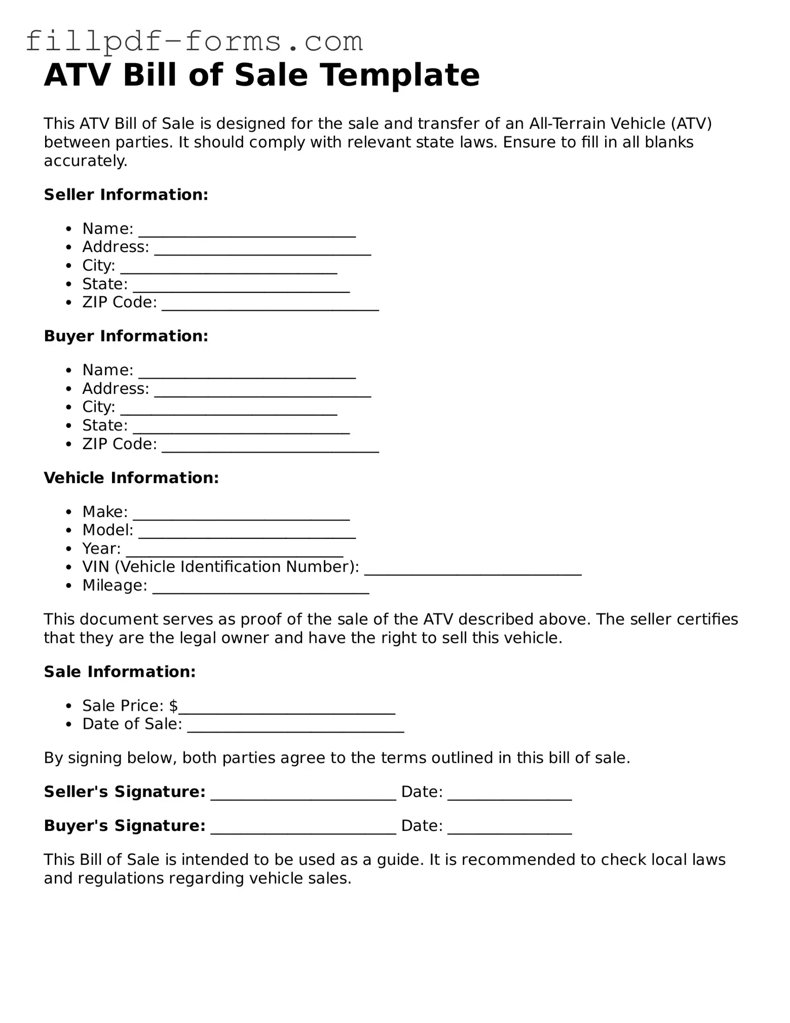 Fillable ATV Bill of Sale Template