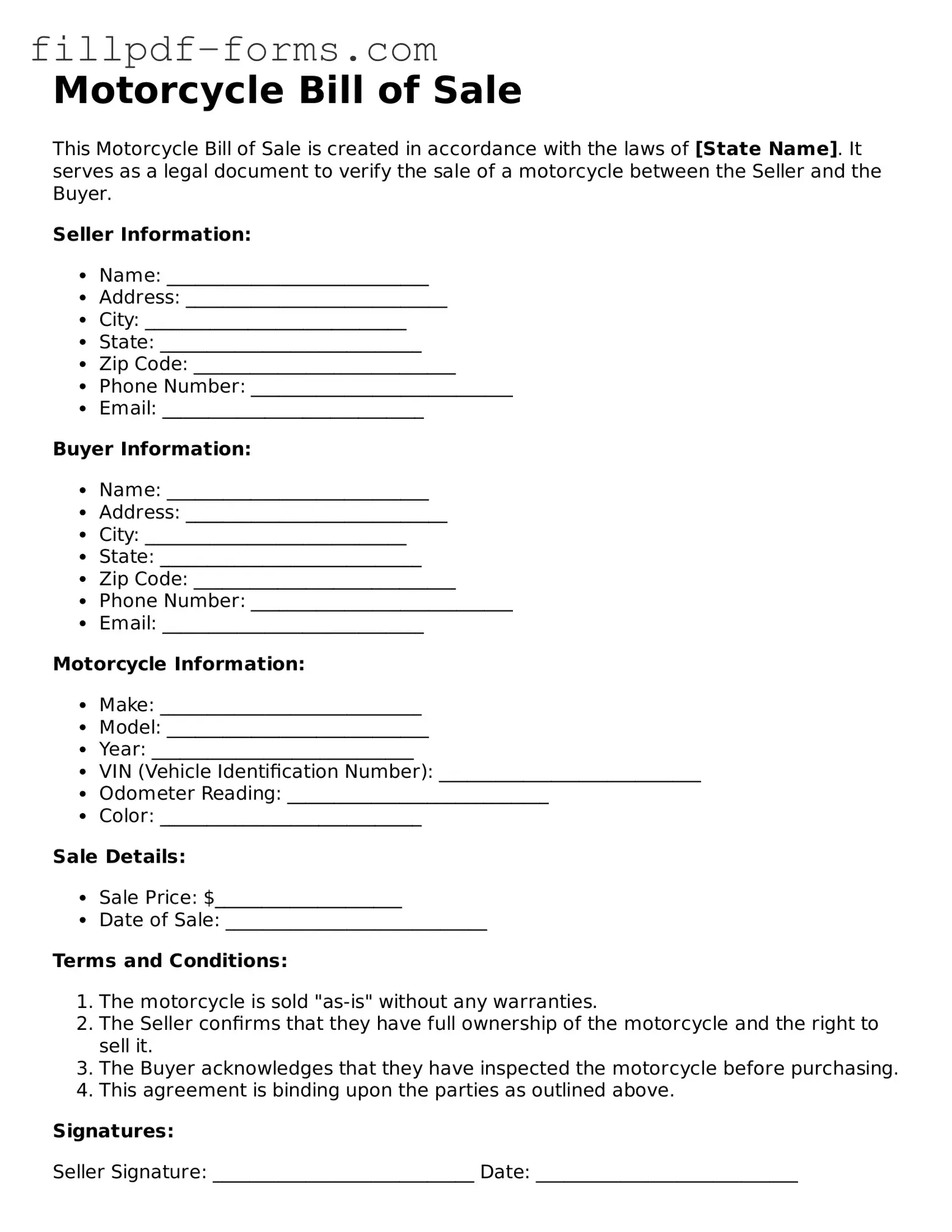 Fillable Motorcycle Bill of Sale Template