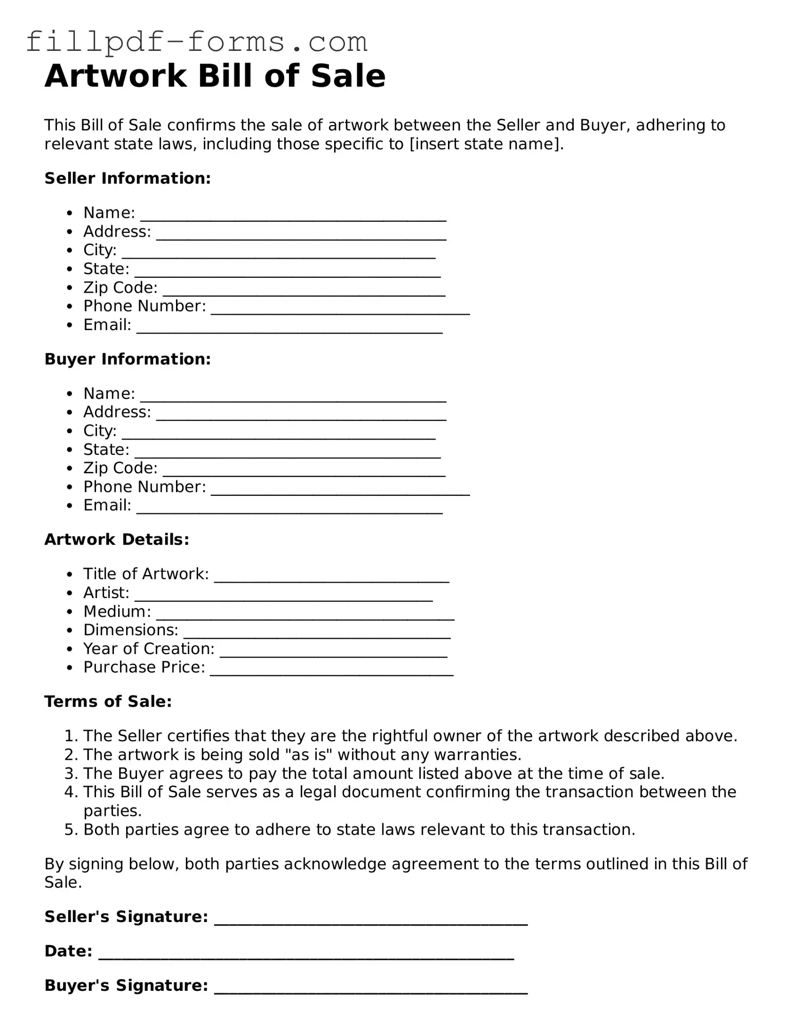 Fillable Artwork Bill of Sale Template
