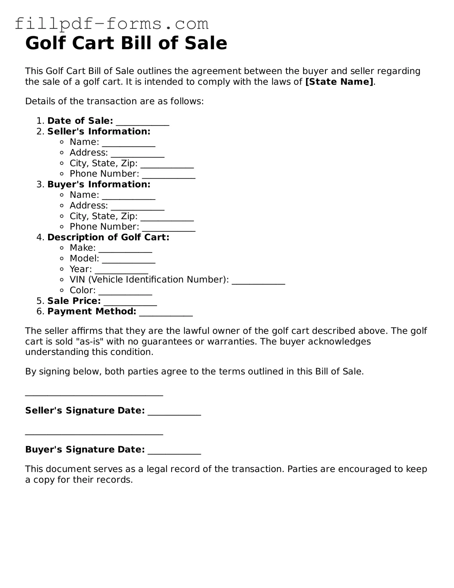 Fillable Golf Cart Bill of Sale Template