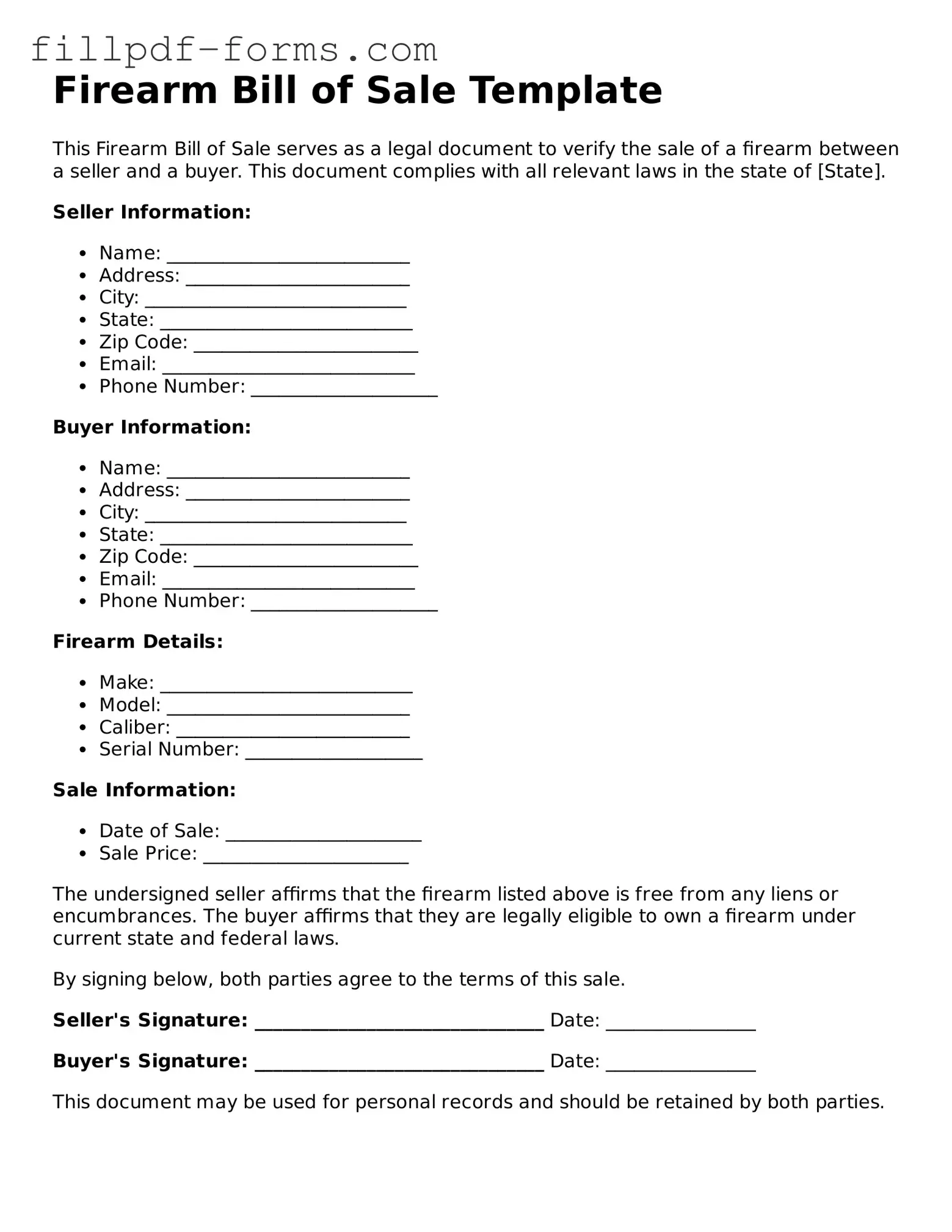Fillable Firearm Bill of Sale Template