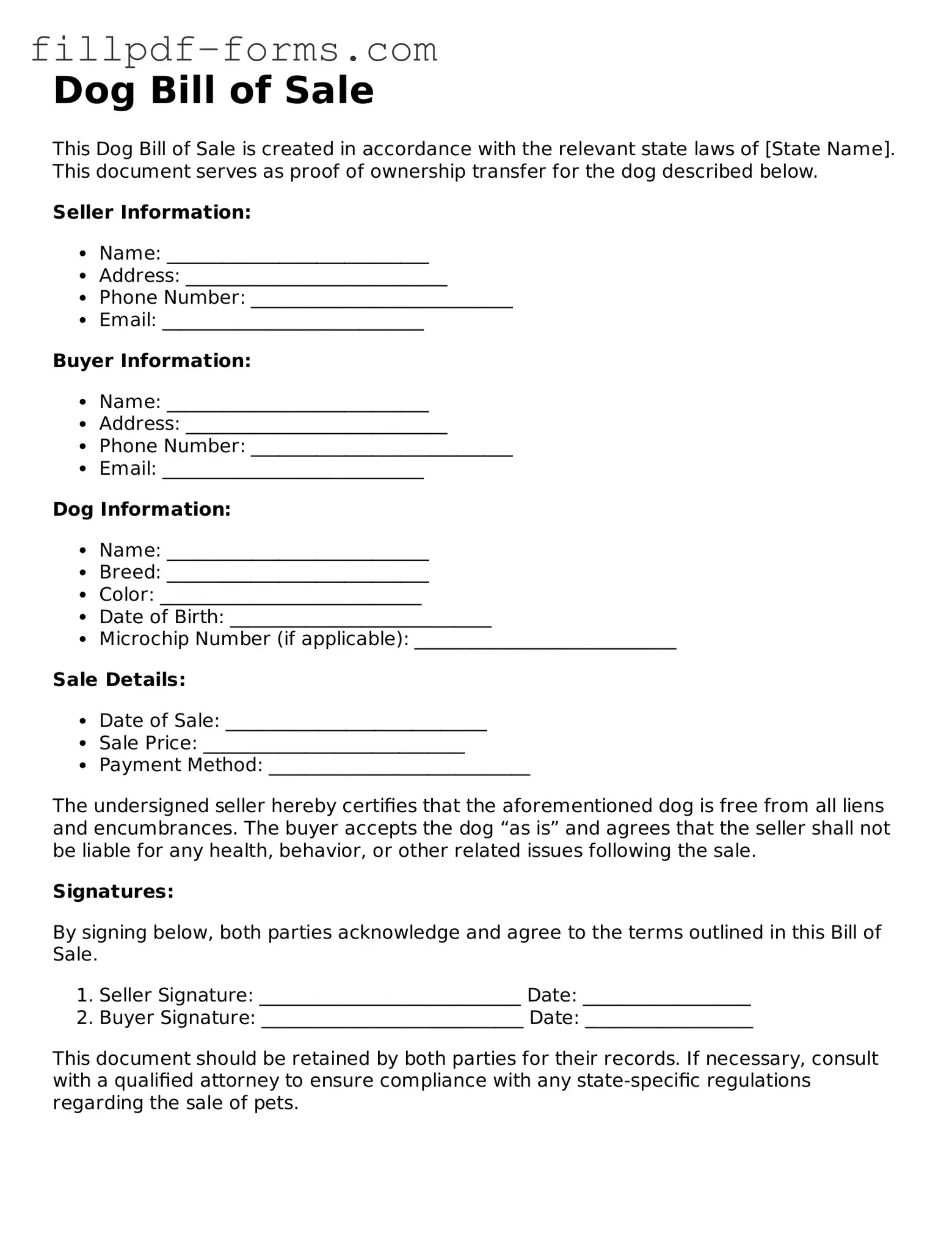 Fillable Dog Bill of Sale Template