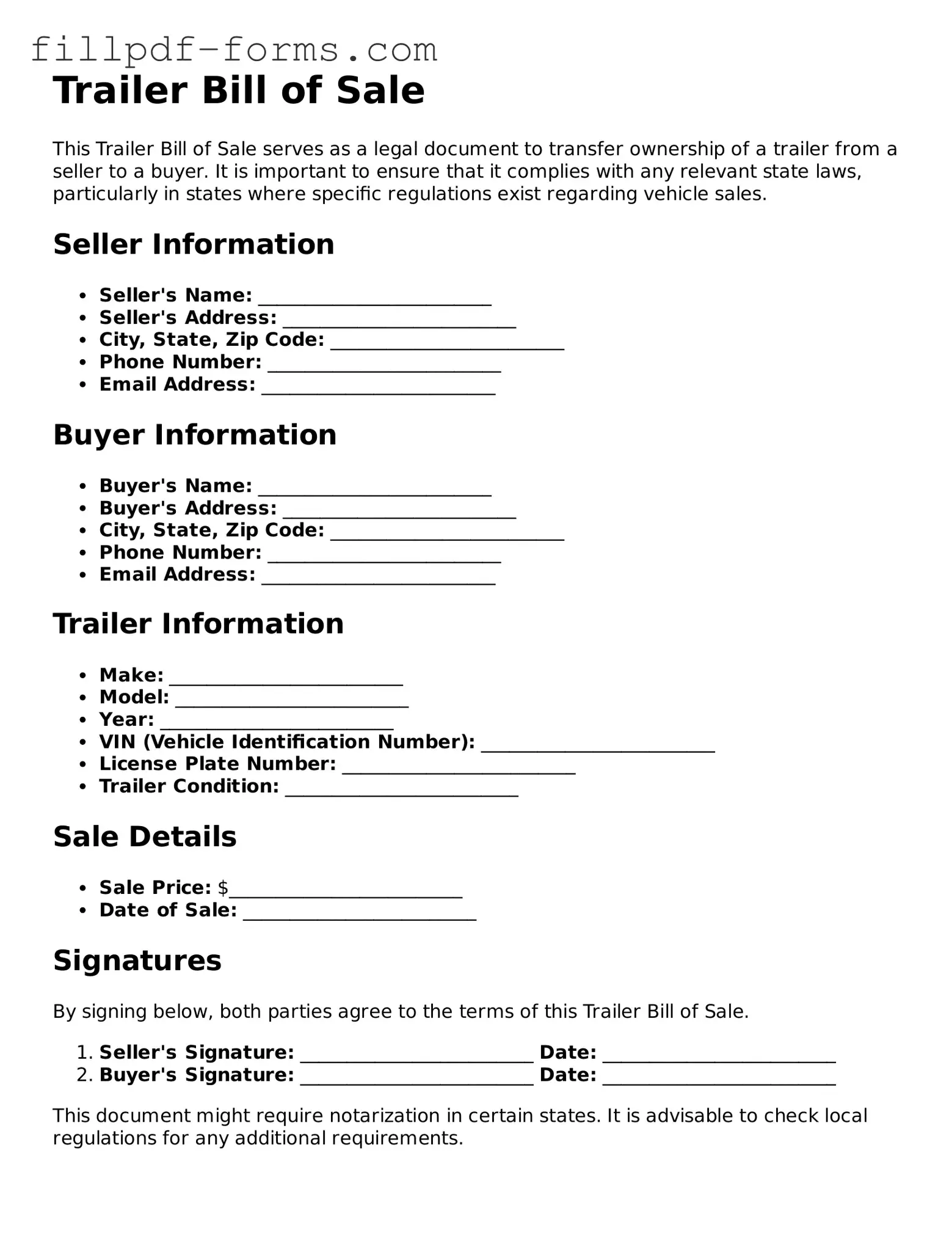 Fillable Trailer Bill of Sale Template