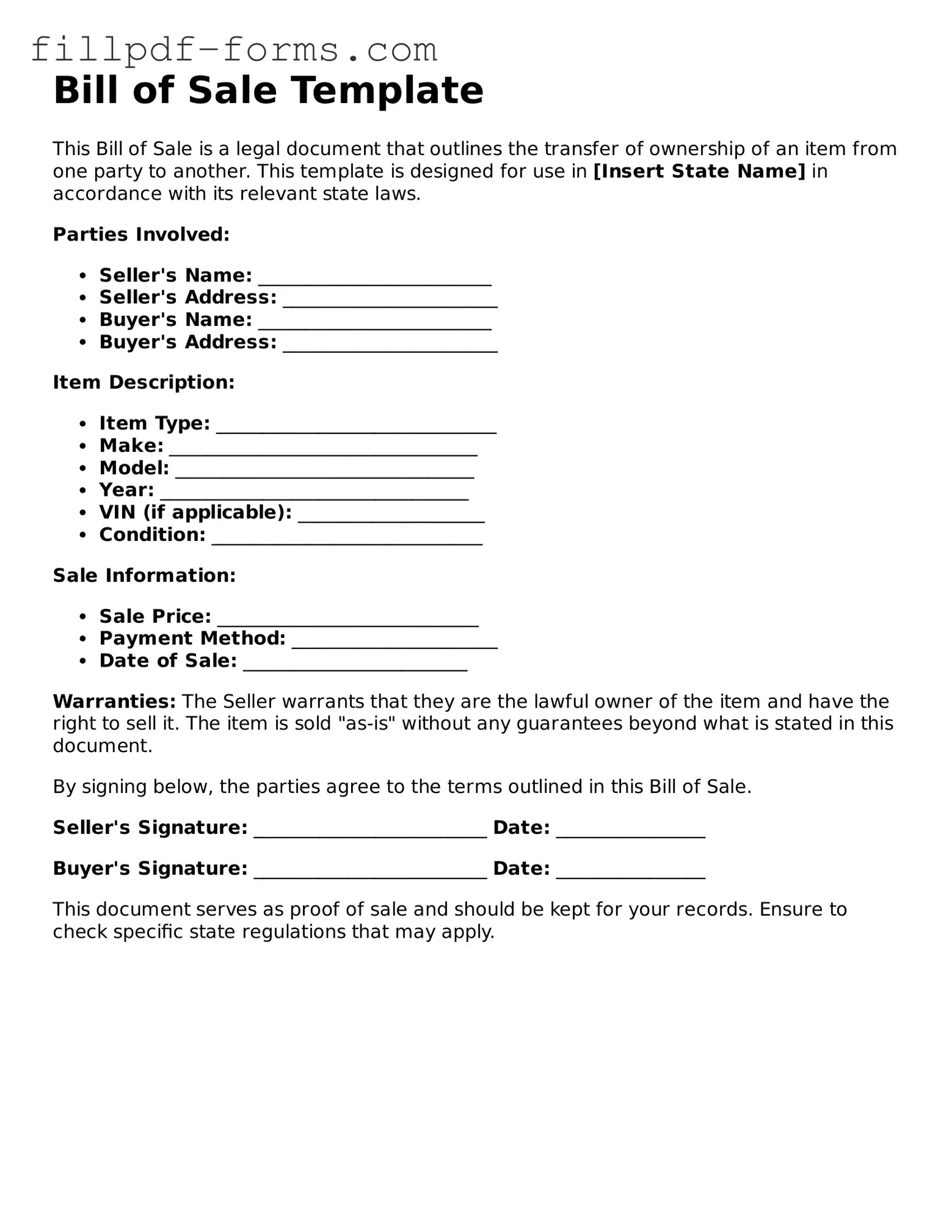 Fillable Bill of Sale Template