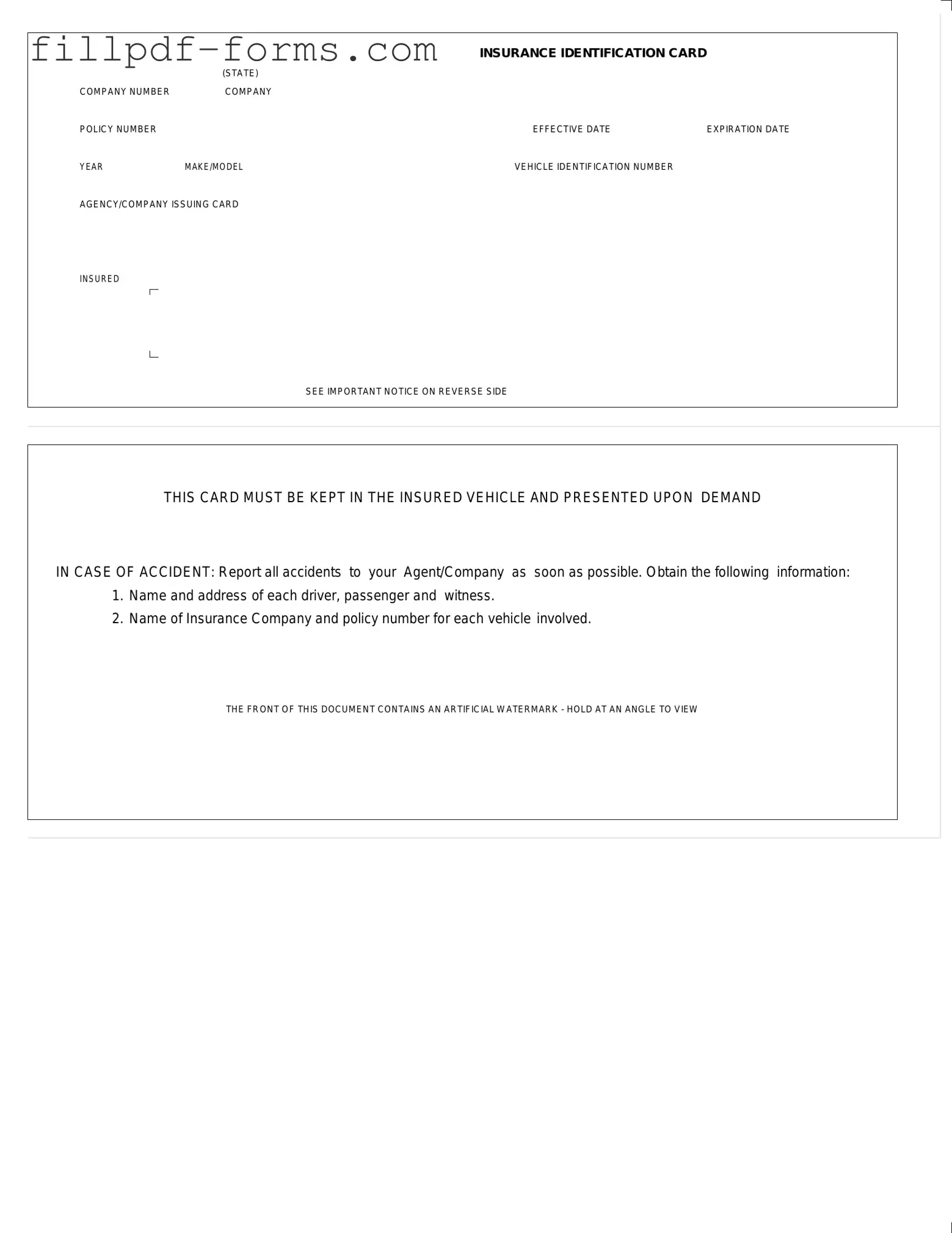 Auto Insurance Card PDF Form