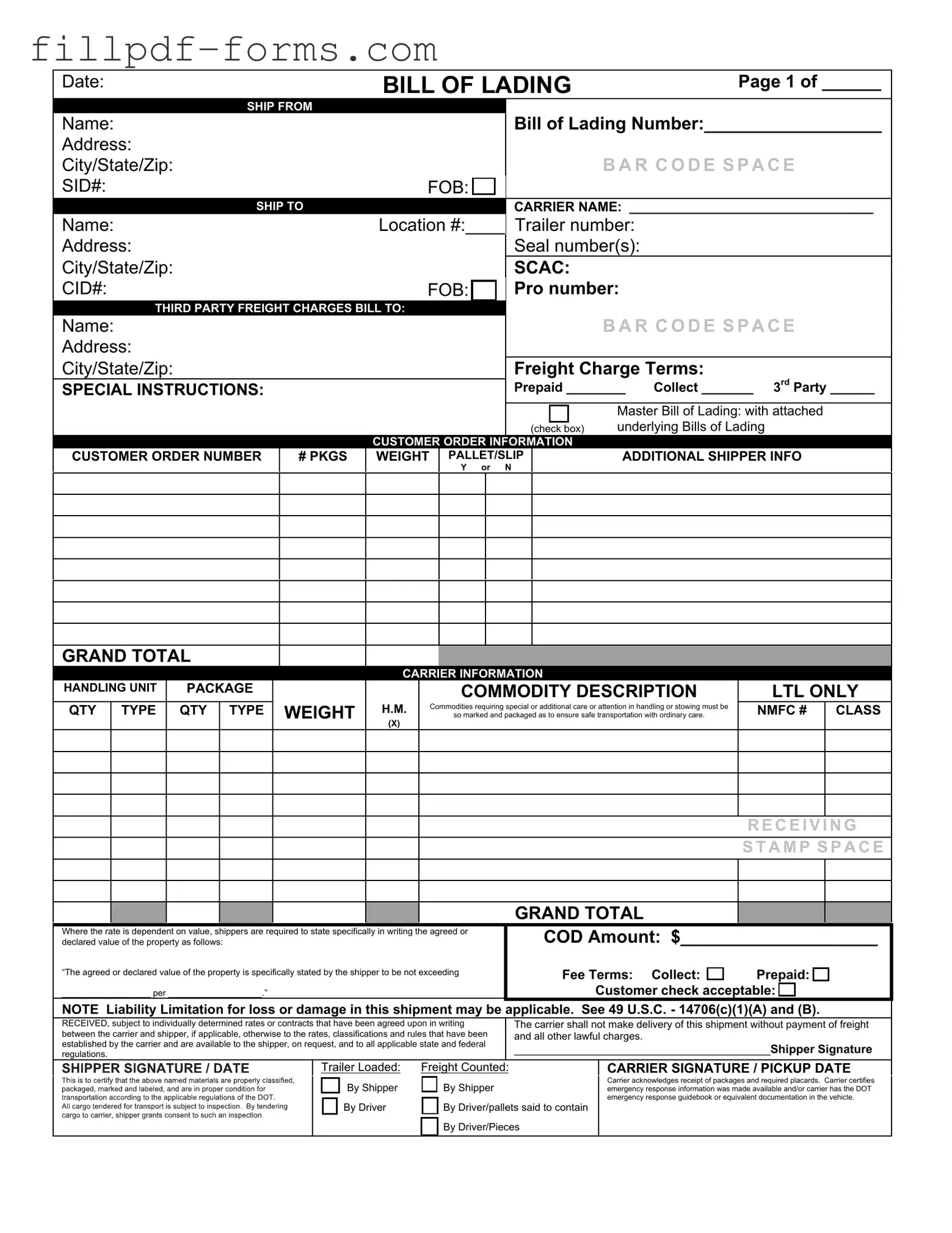 Bill of Lading with a Supplement PDF Form