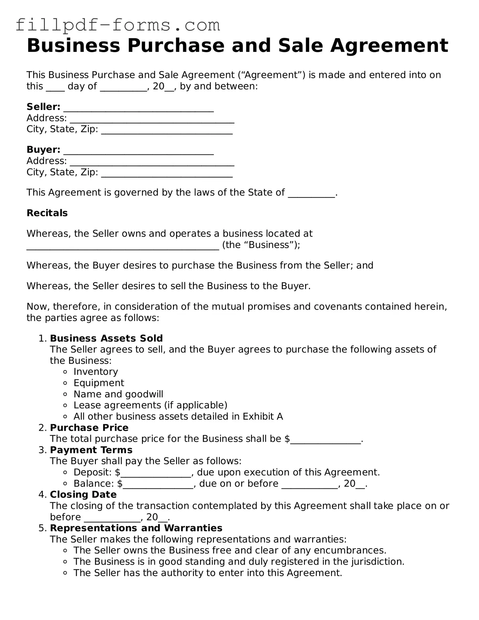 Fillable Business Purchase and Sale Agreement Template