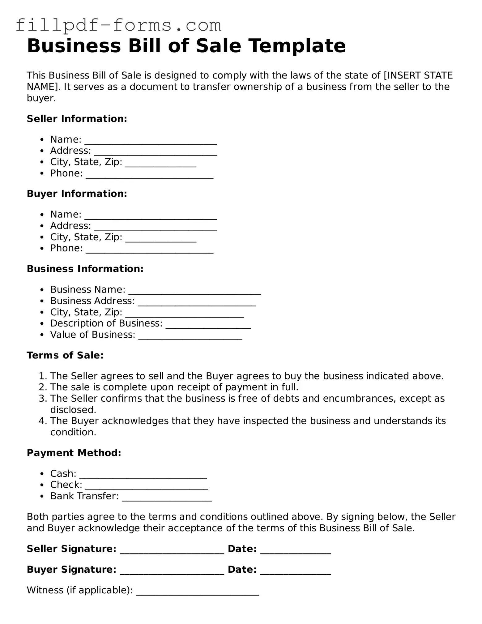 Fillable Business Bill of Sale Template