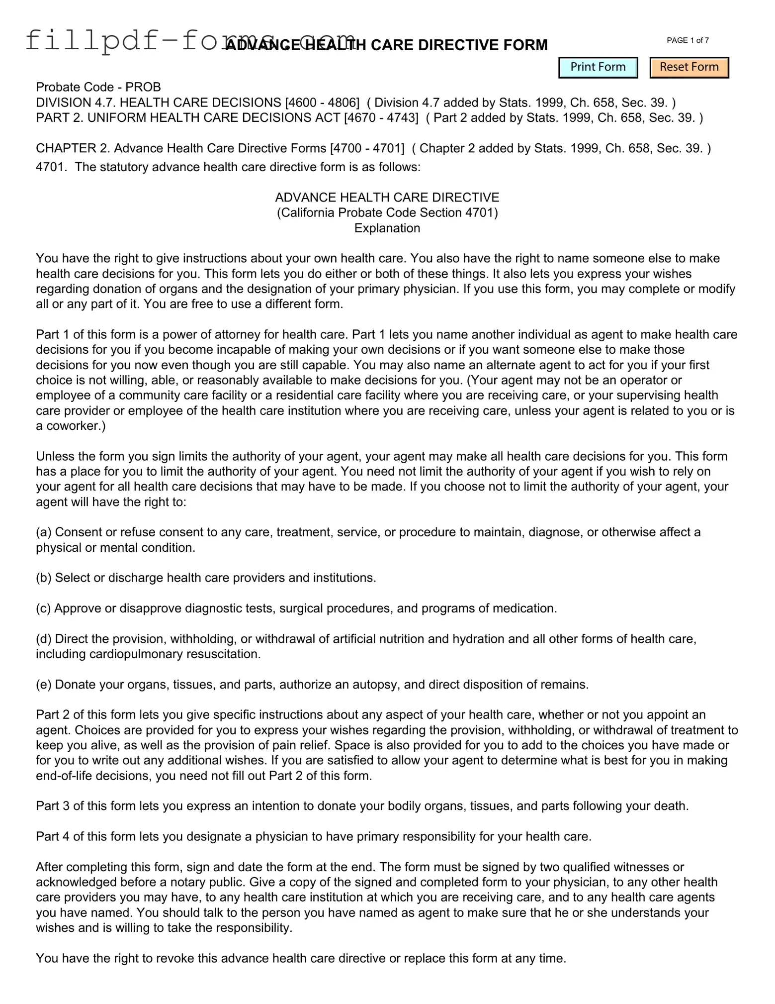 California Advanced Health Care Directive PDF Form