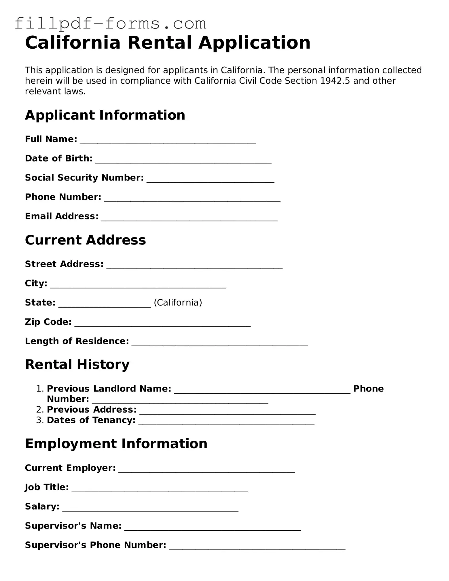 Fillable Rental Application Template for the State of California