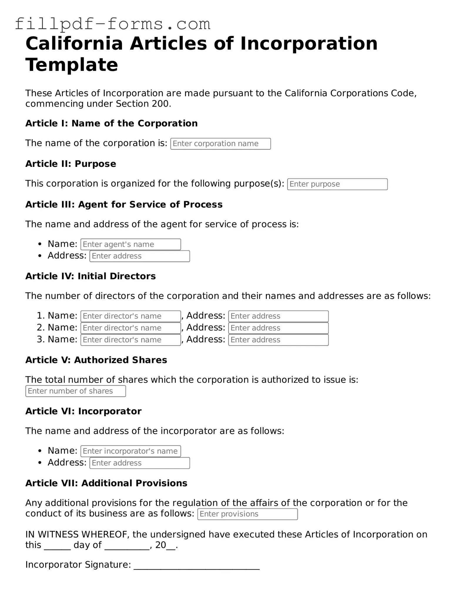 Fillable Articles of Incorporation Template for the State of California