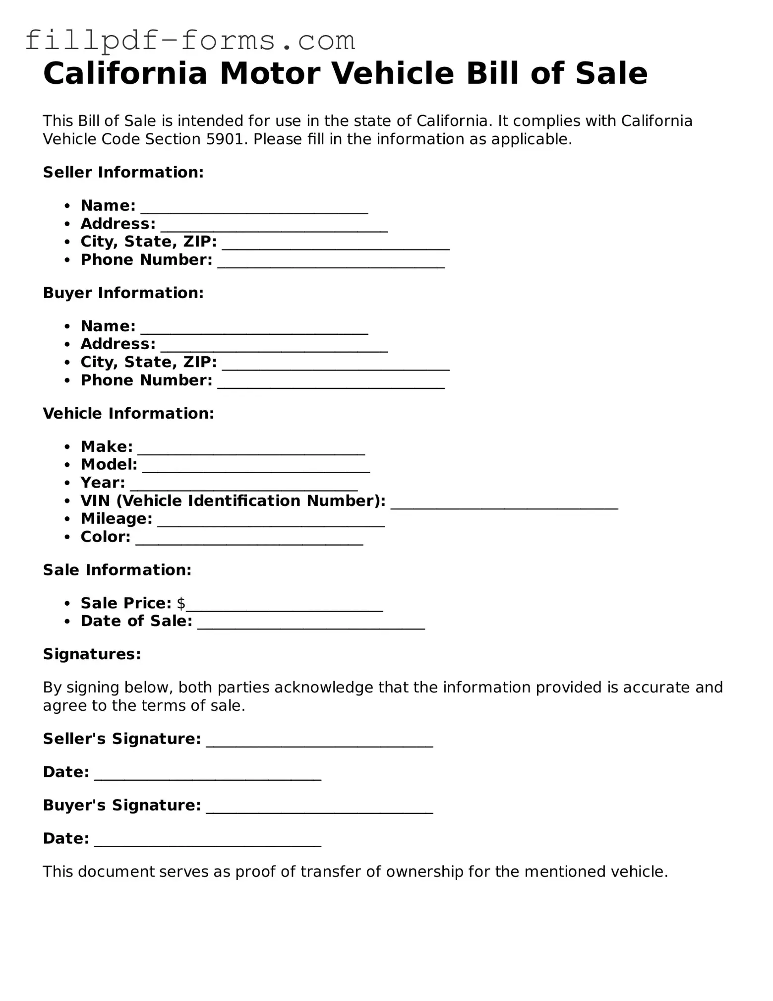 Fillable Motor Vehicle Bill of Sale Template for the State of California