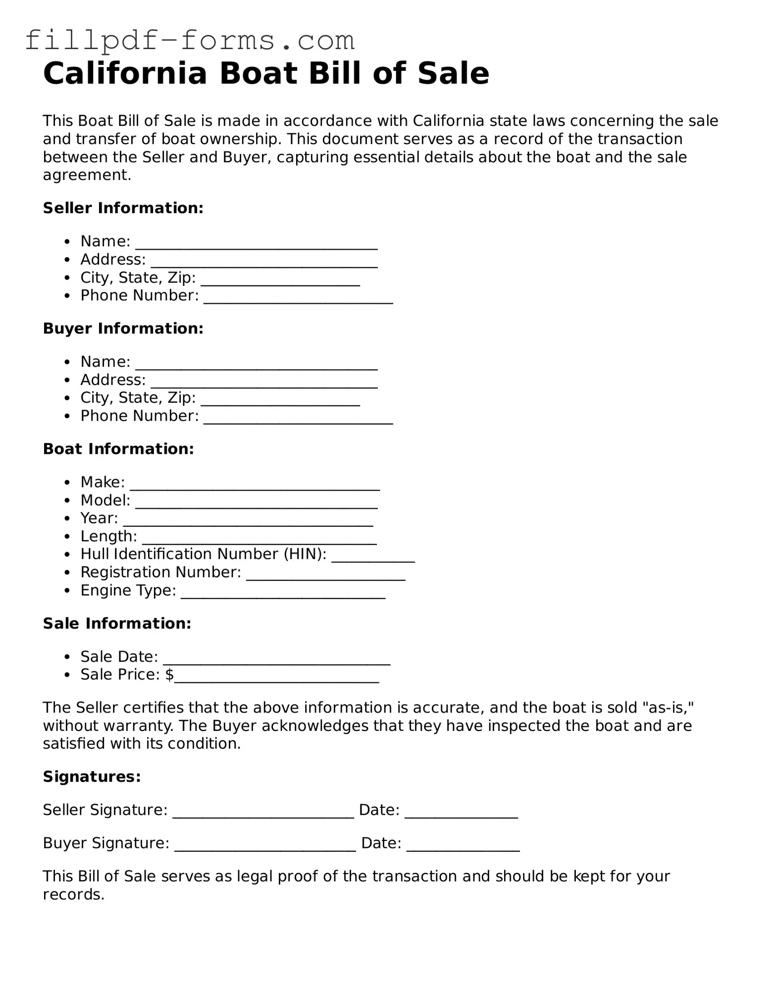 Fillable Boat Bill of Sale Template for the State of California