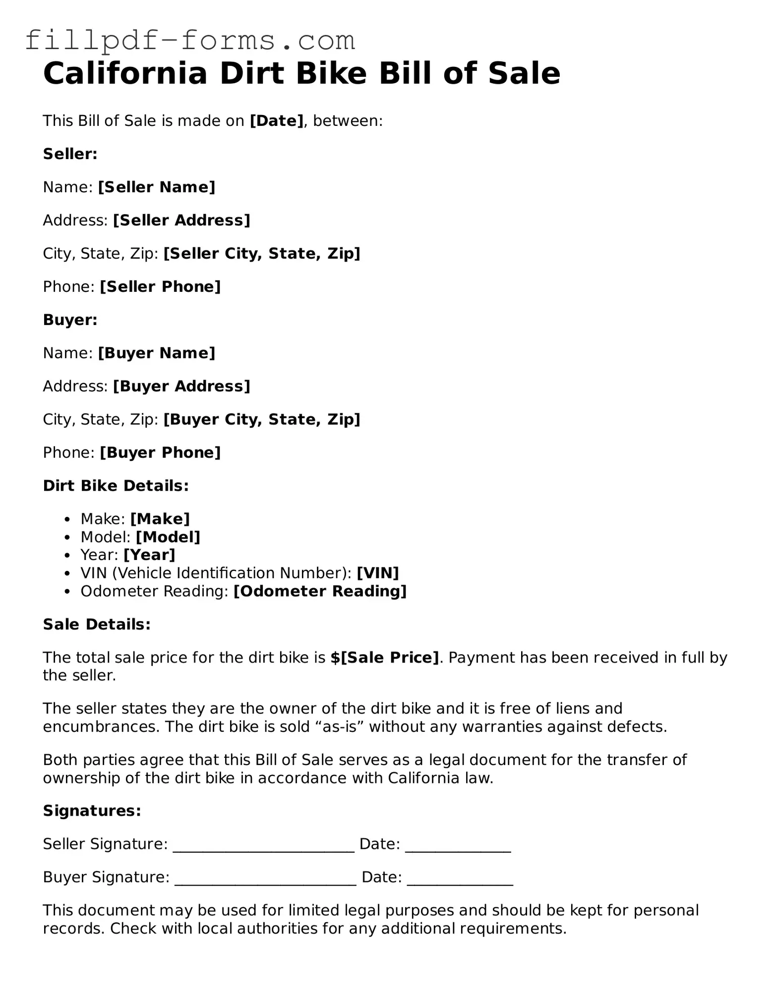 Fillable Dirt Bike Bill of Sale Template for the State of California