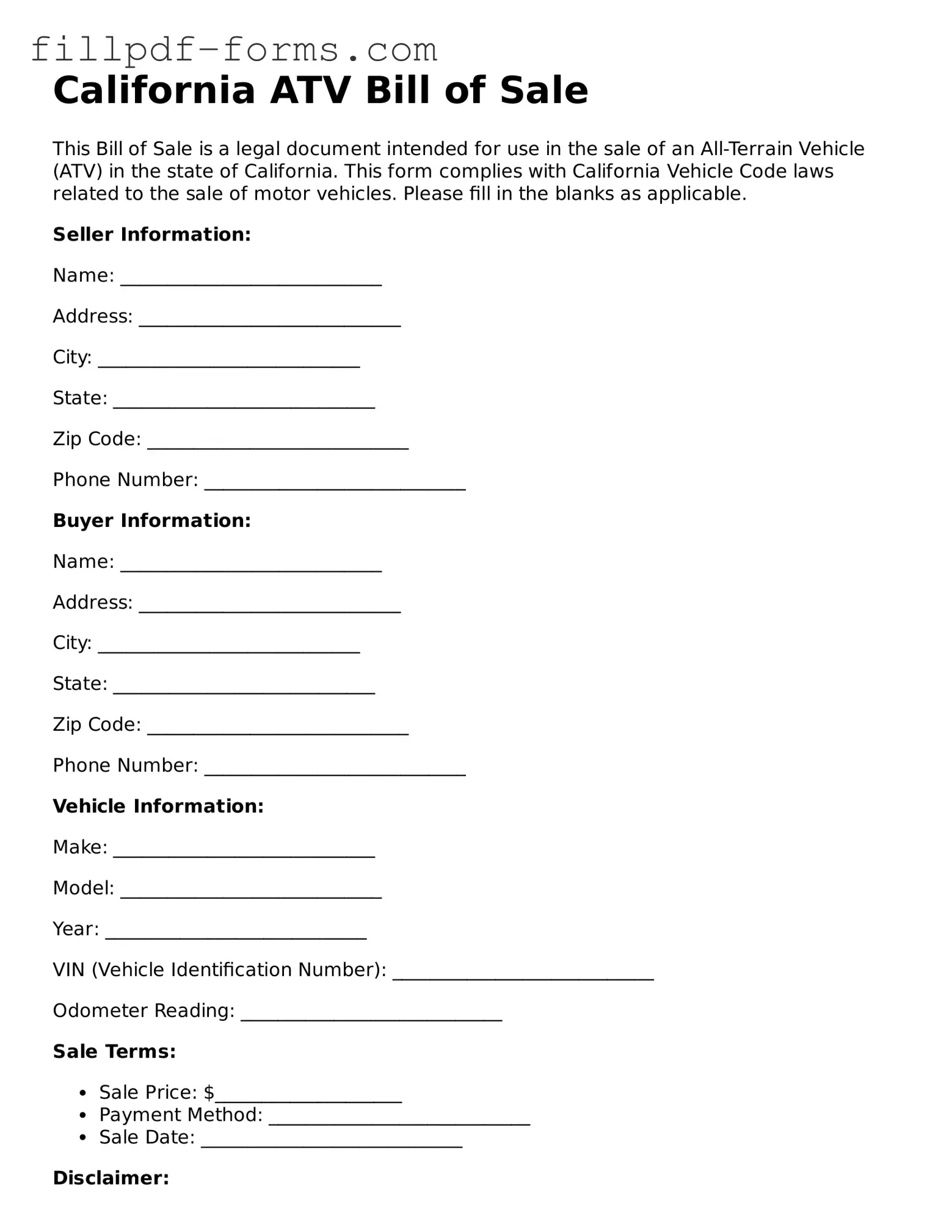 Fillable ATV Bill of Sale Template for the State of California