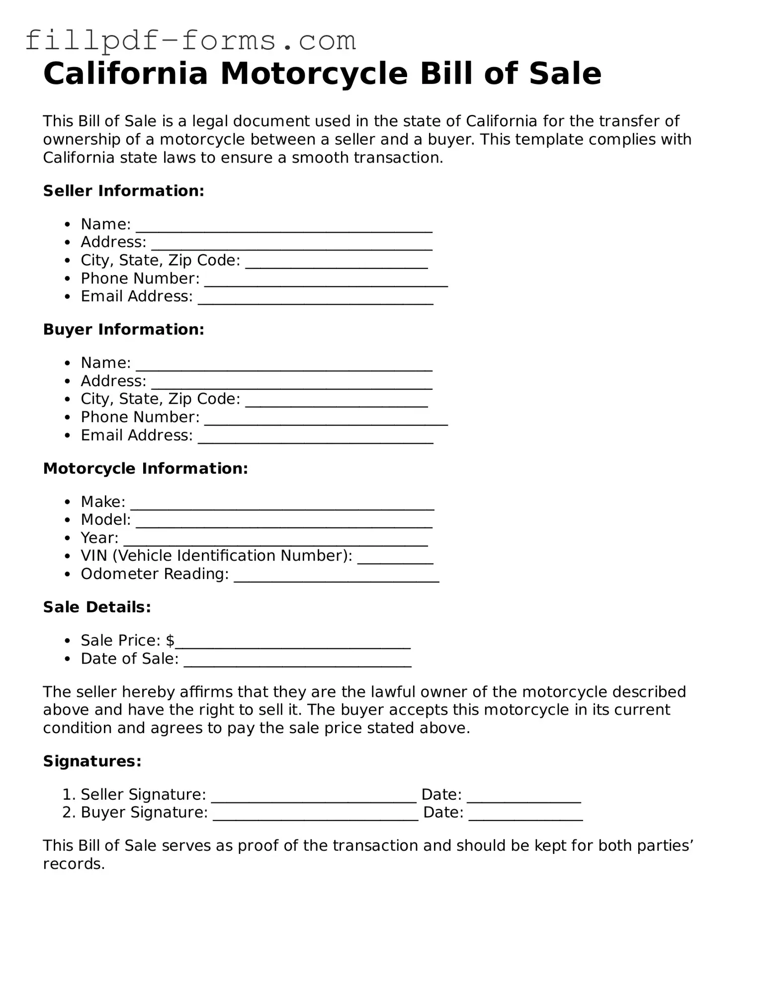 Fillable Motorcycle Bill of Sale Template for the State of California