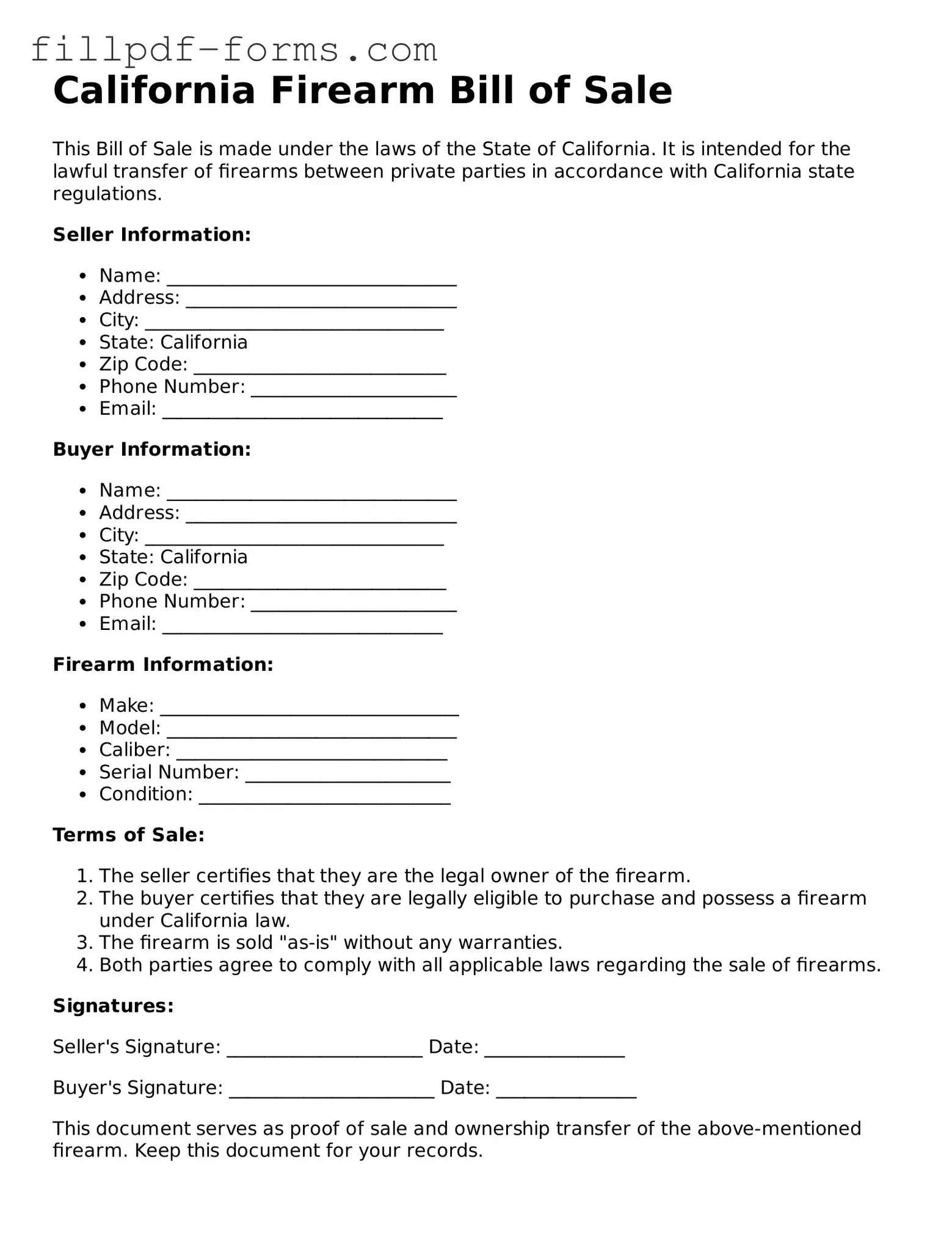 Fillable Firearm Bill of Sale Template for the State of California