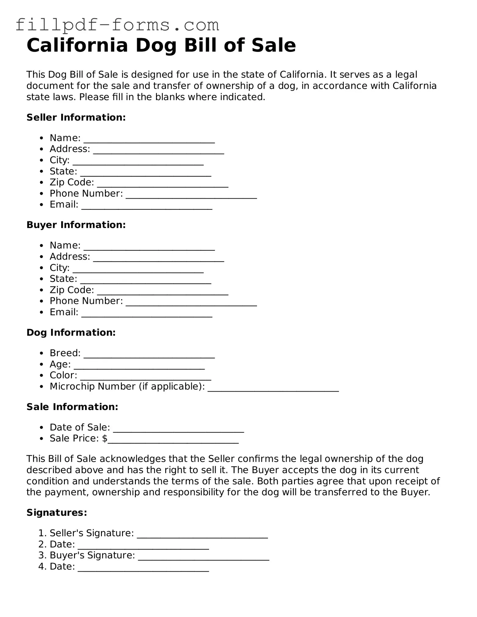 Fillable Dog Bill of Sale Template for the State of California