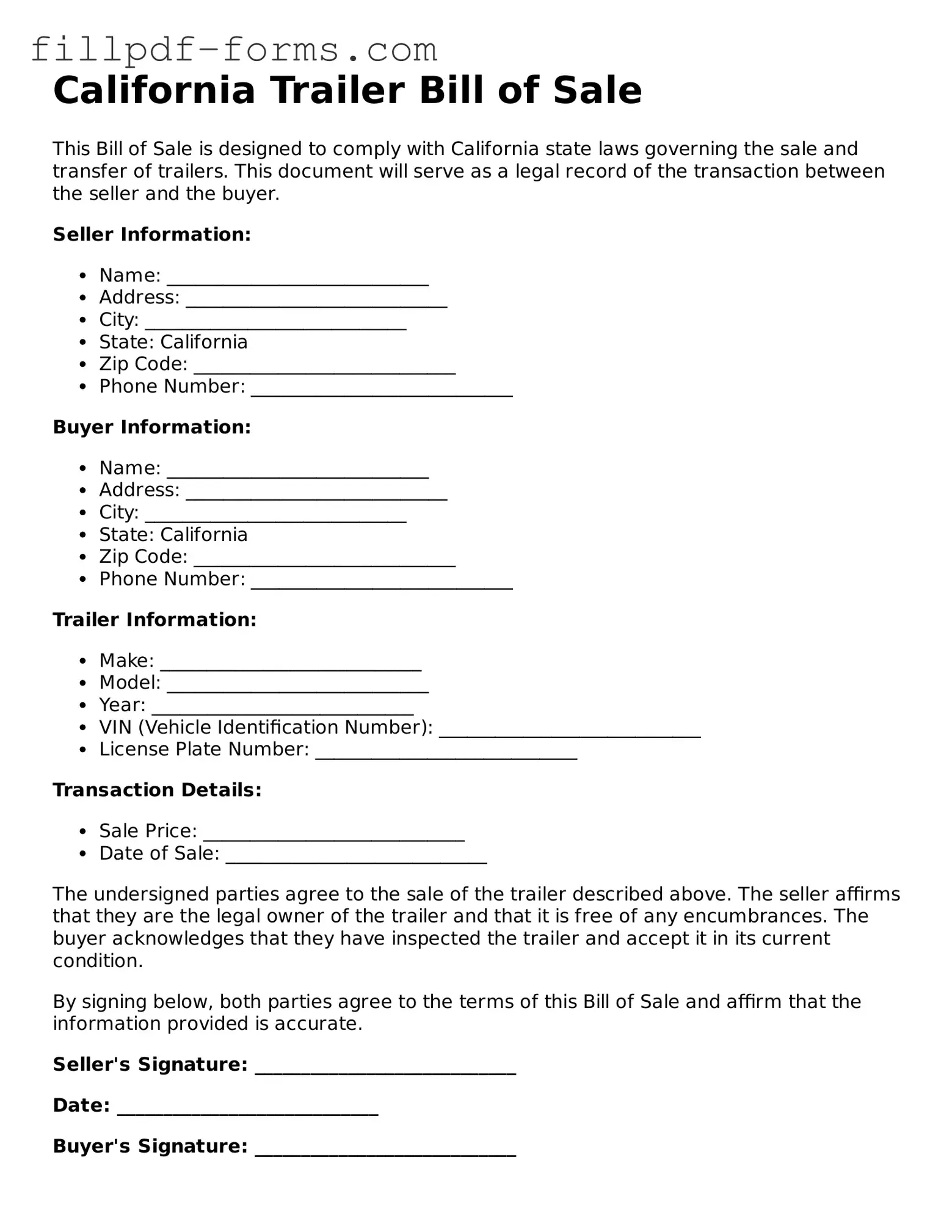 Fillable Trailer Bill of Sale Template for the State of California