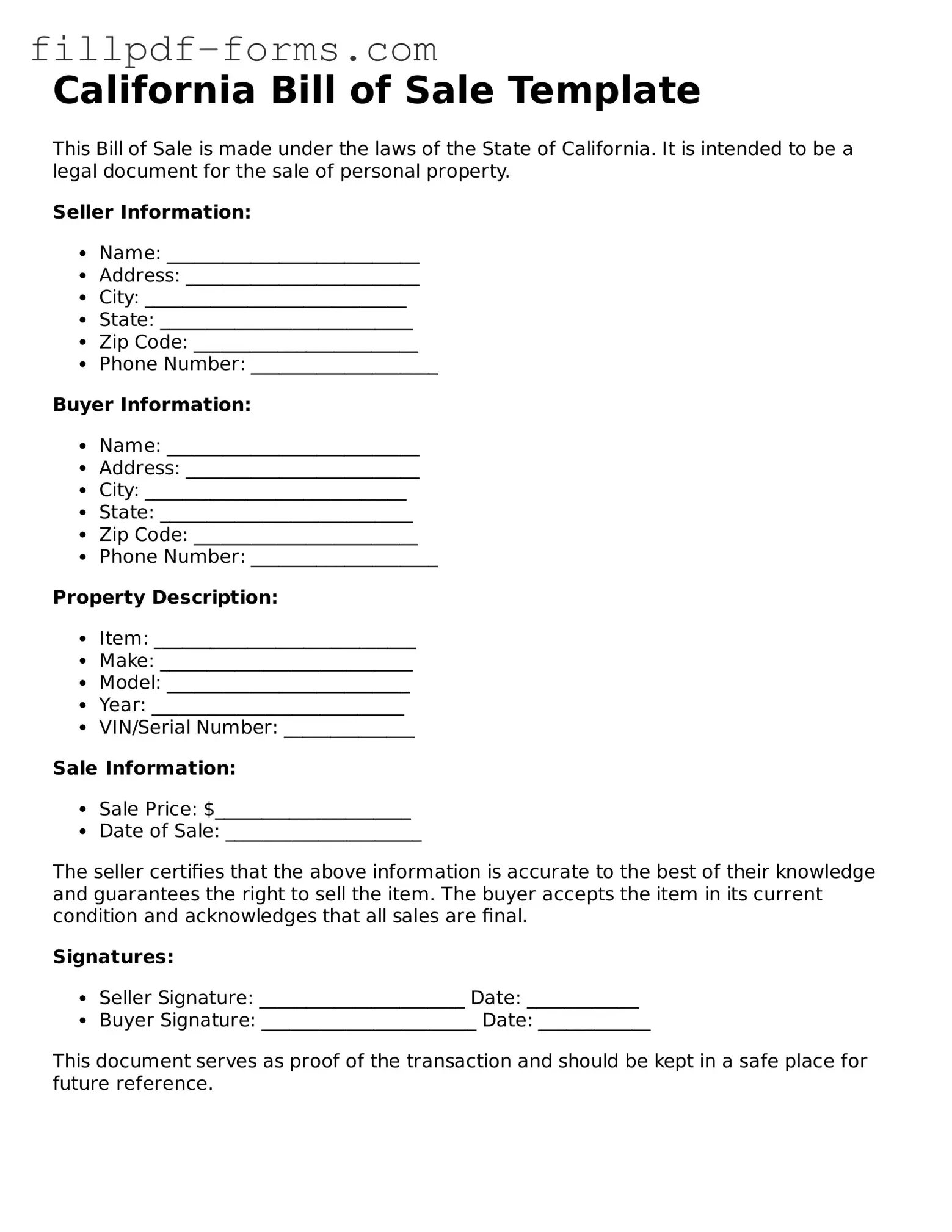 Fillable Bill of Sale Template for the State of California