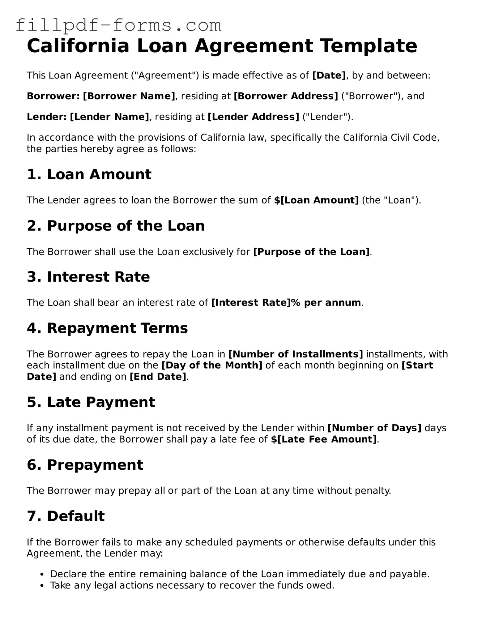 Fillable Loan Agreement Template for the State of California