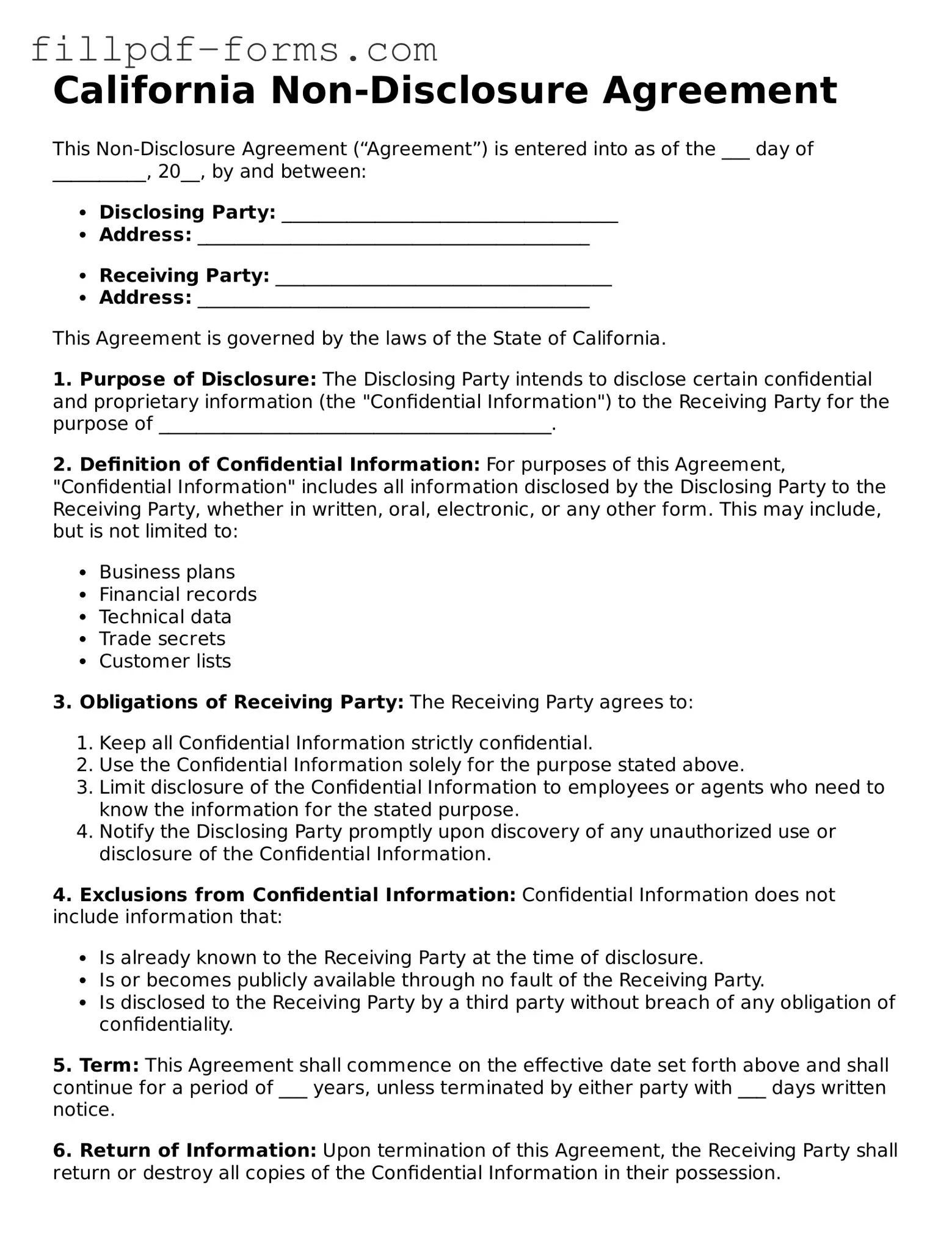 Fillable Non-disclosure Agreement Template for the State of California