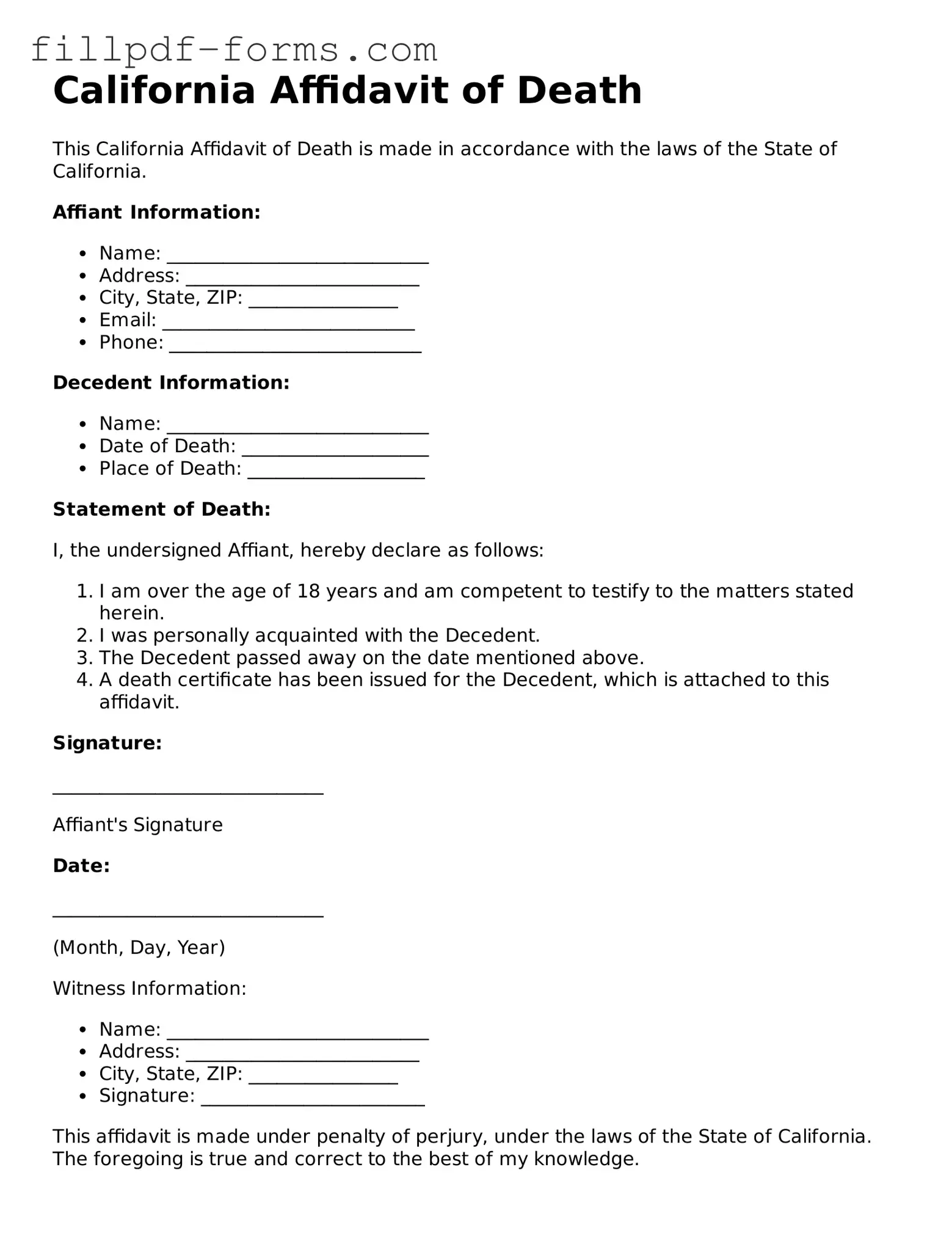 Fillable Affidavit of Death Template for the State of California
