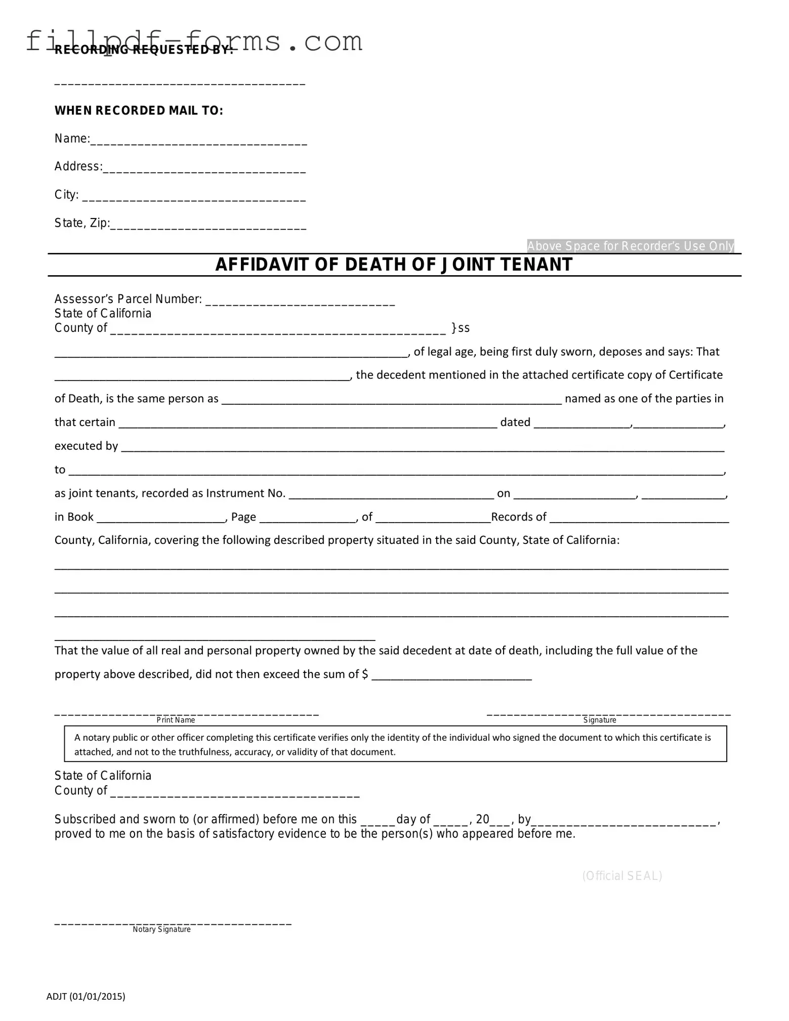 California Death of a Joint Tenant Affidavit PDF Form