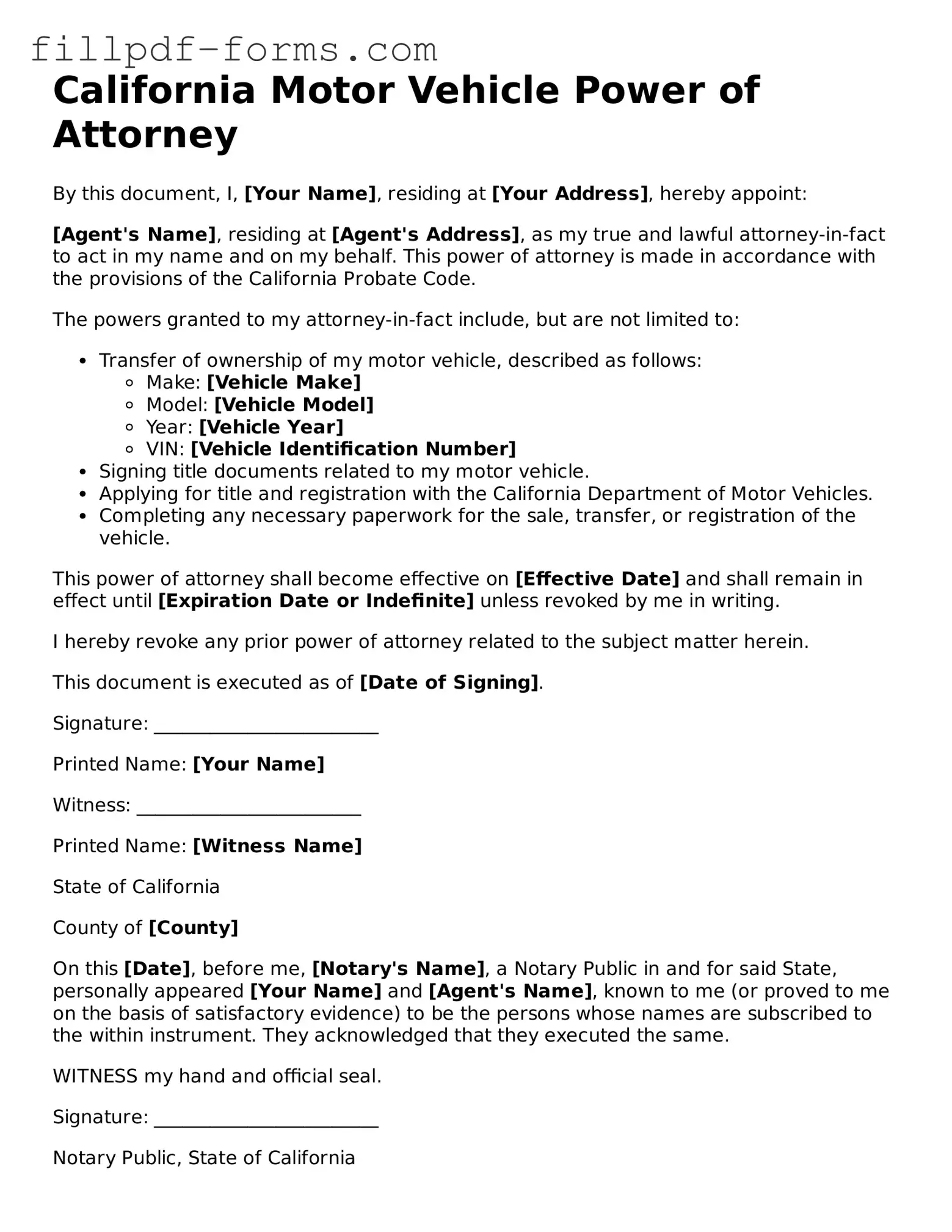 Fillable Motor Vehicle Power of Attorney Template for the State of California