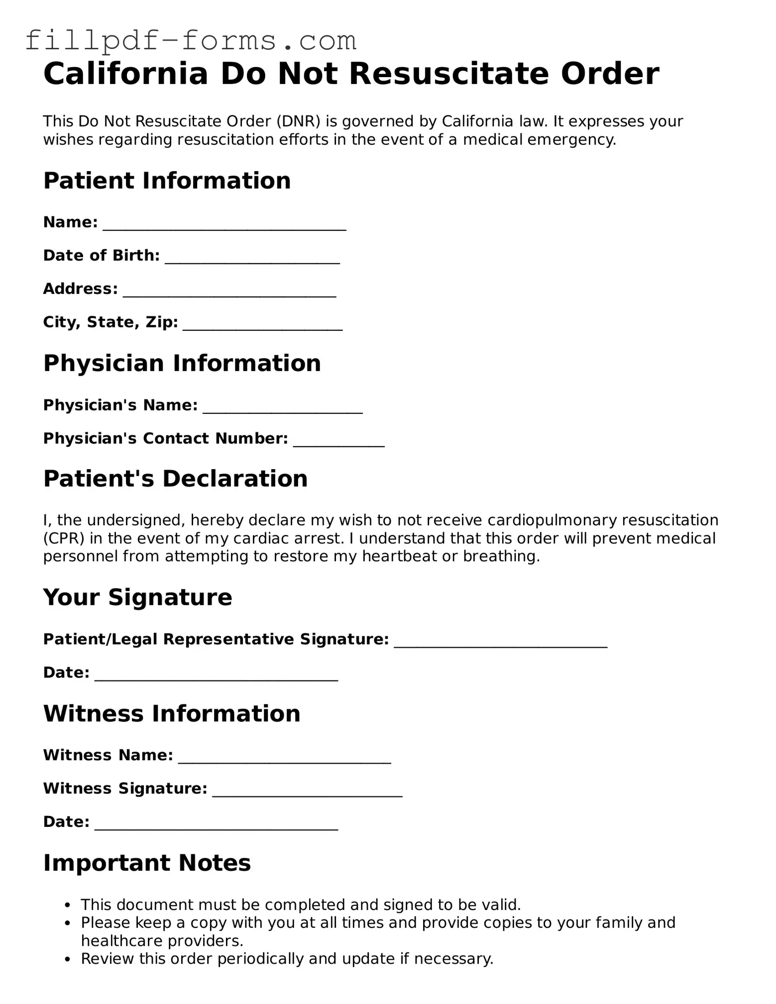 Fillable Do Not Resuscitate Order Template for the State of California