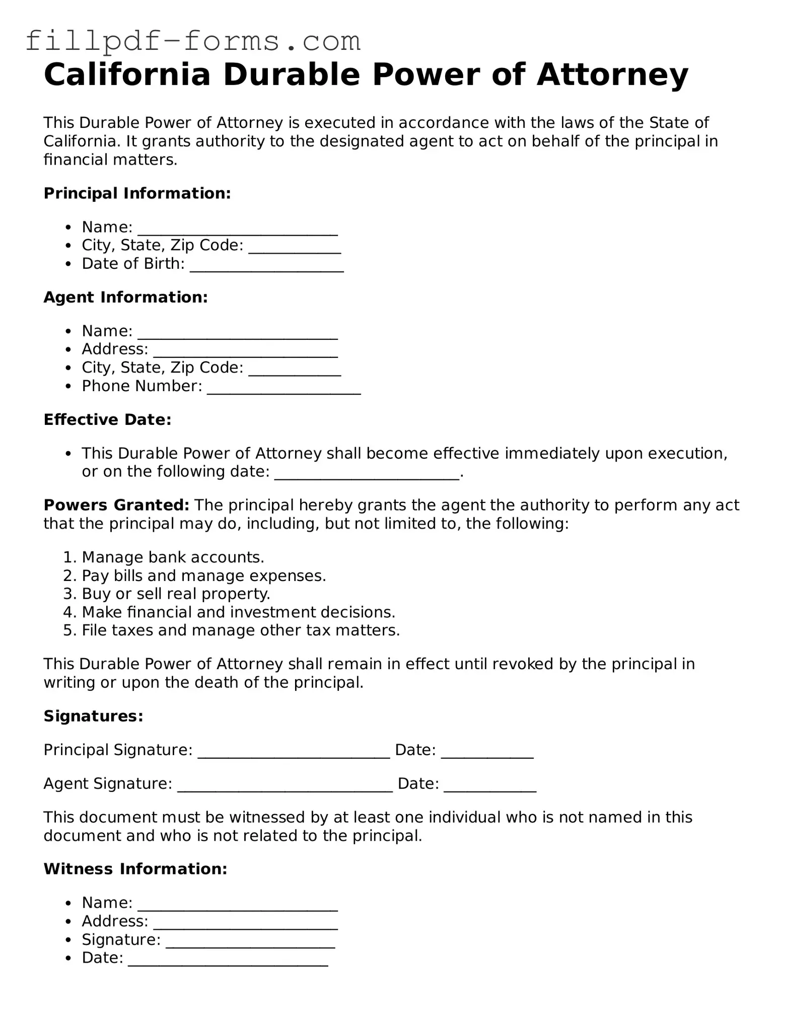 Fillable Durable Power of Attorney Template for the State of California