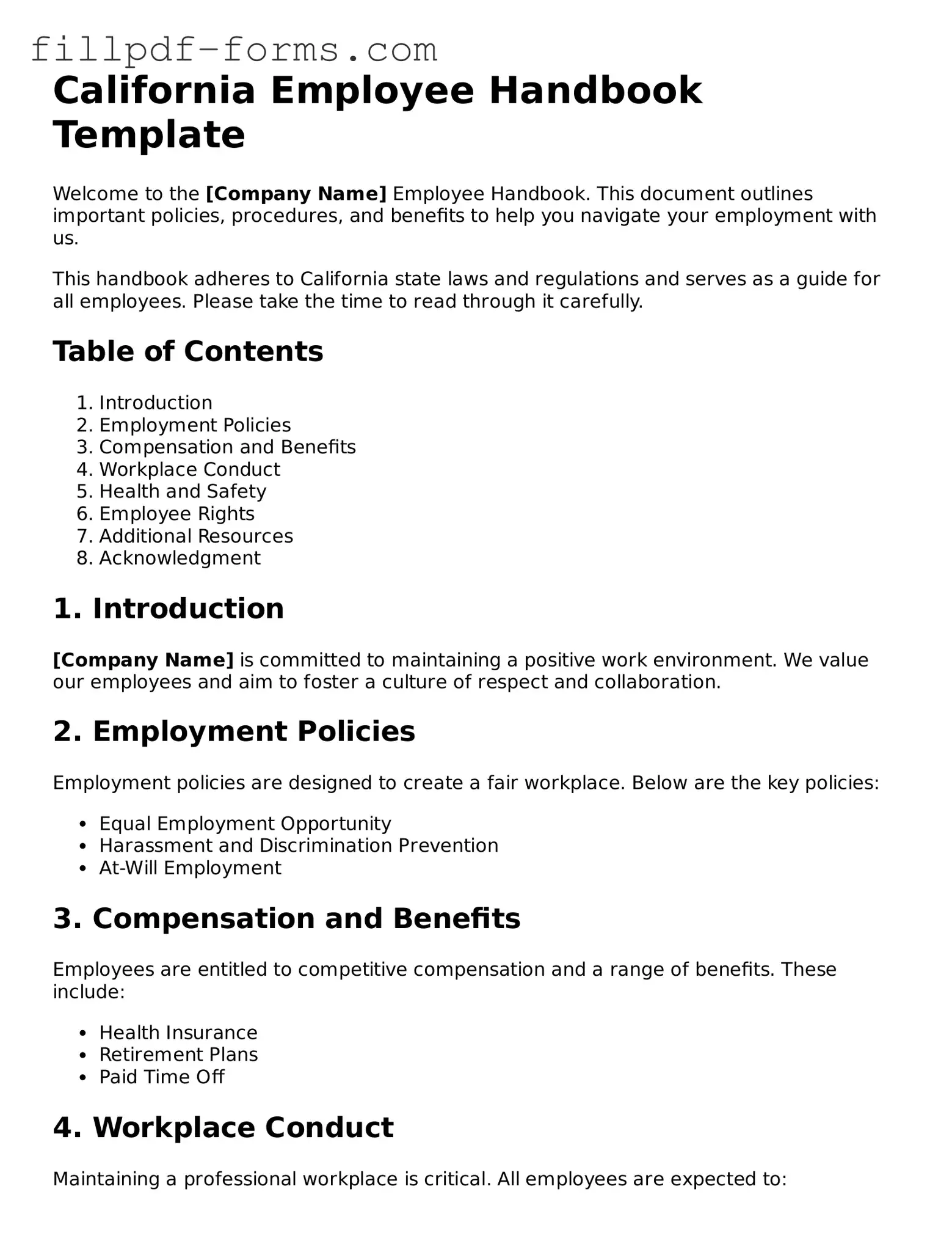 Fillable Employee Handbook Template for the State of California