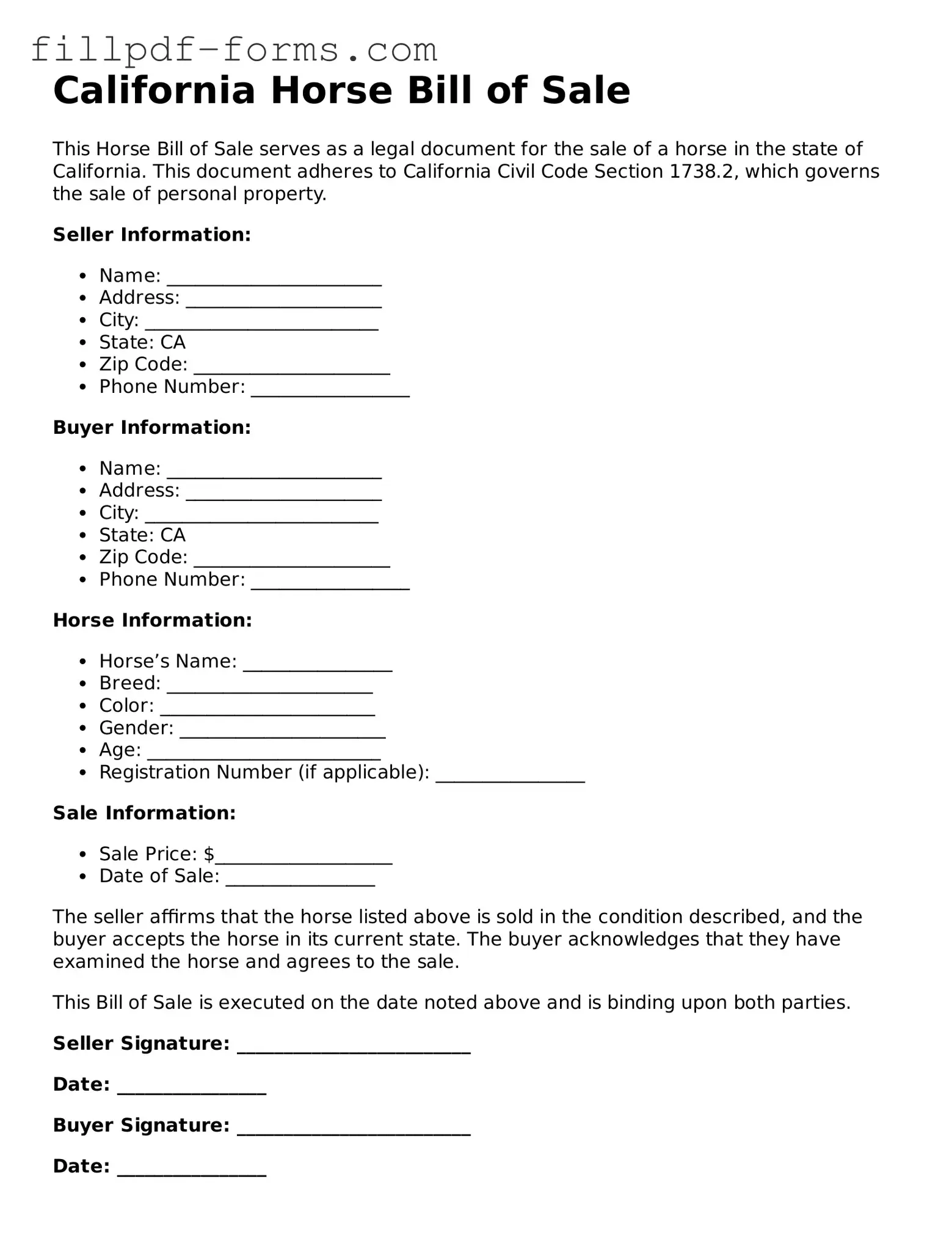 Fillable Horse Bill of Sale Template for the State of California