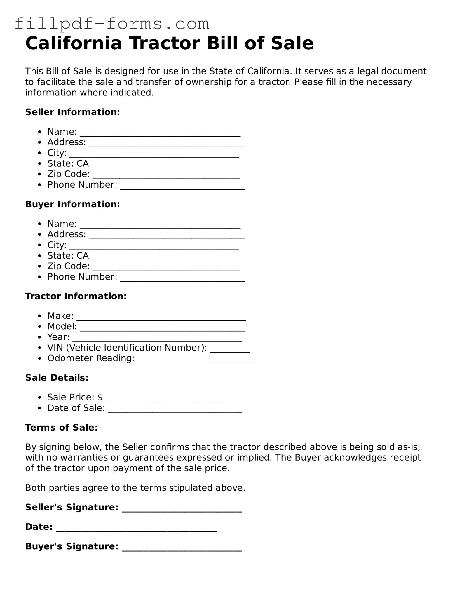 Fillable Tractor Bill of Sale Template for the State of California
