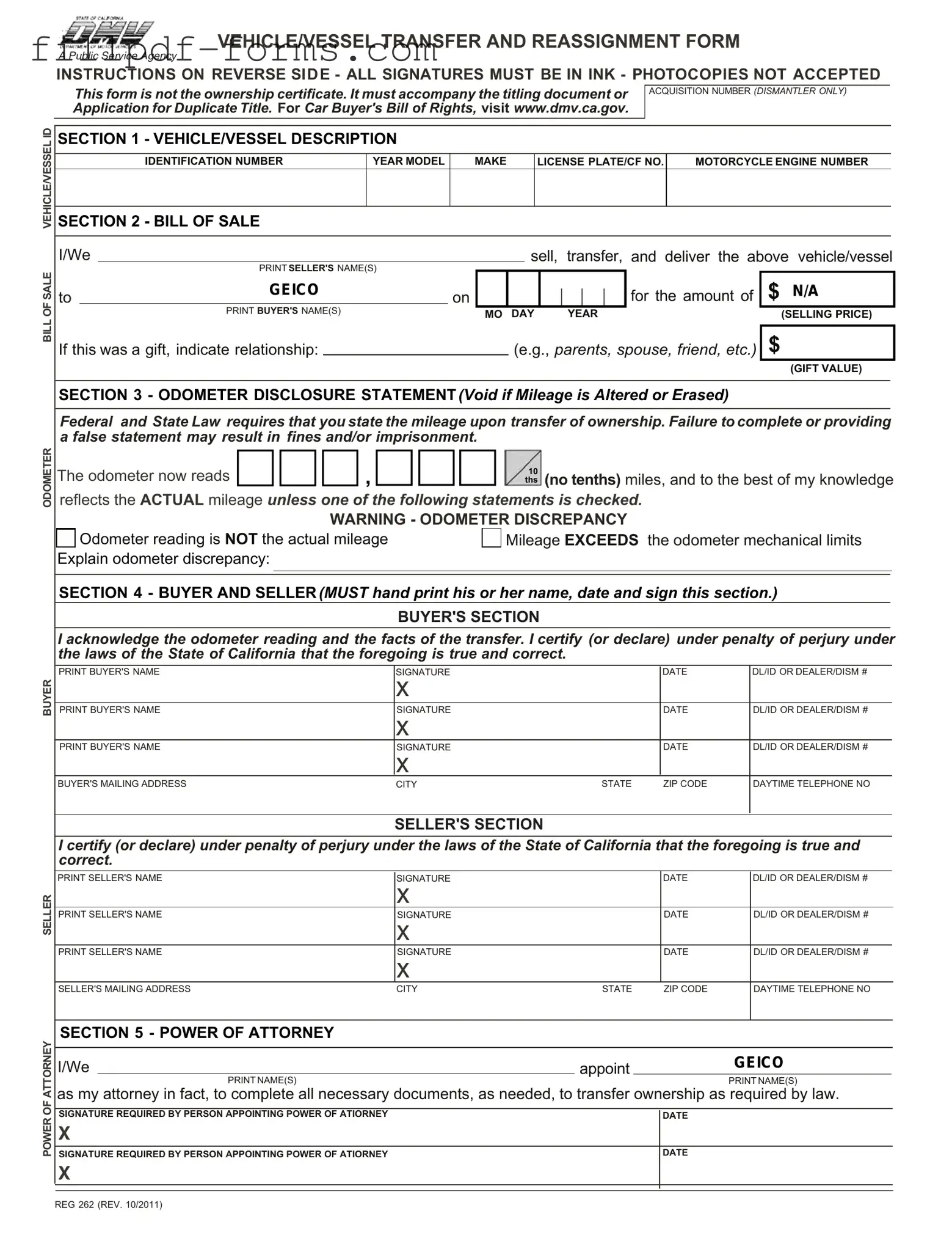 California Fotm Reg 262 PDF Form